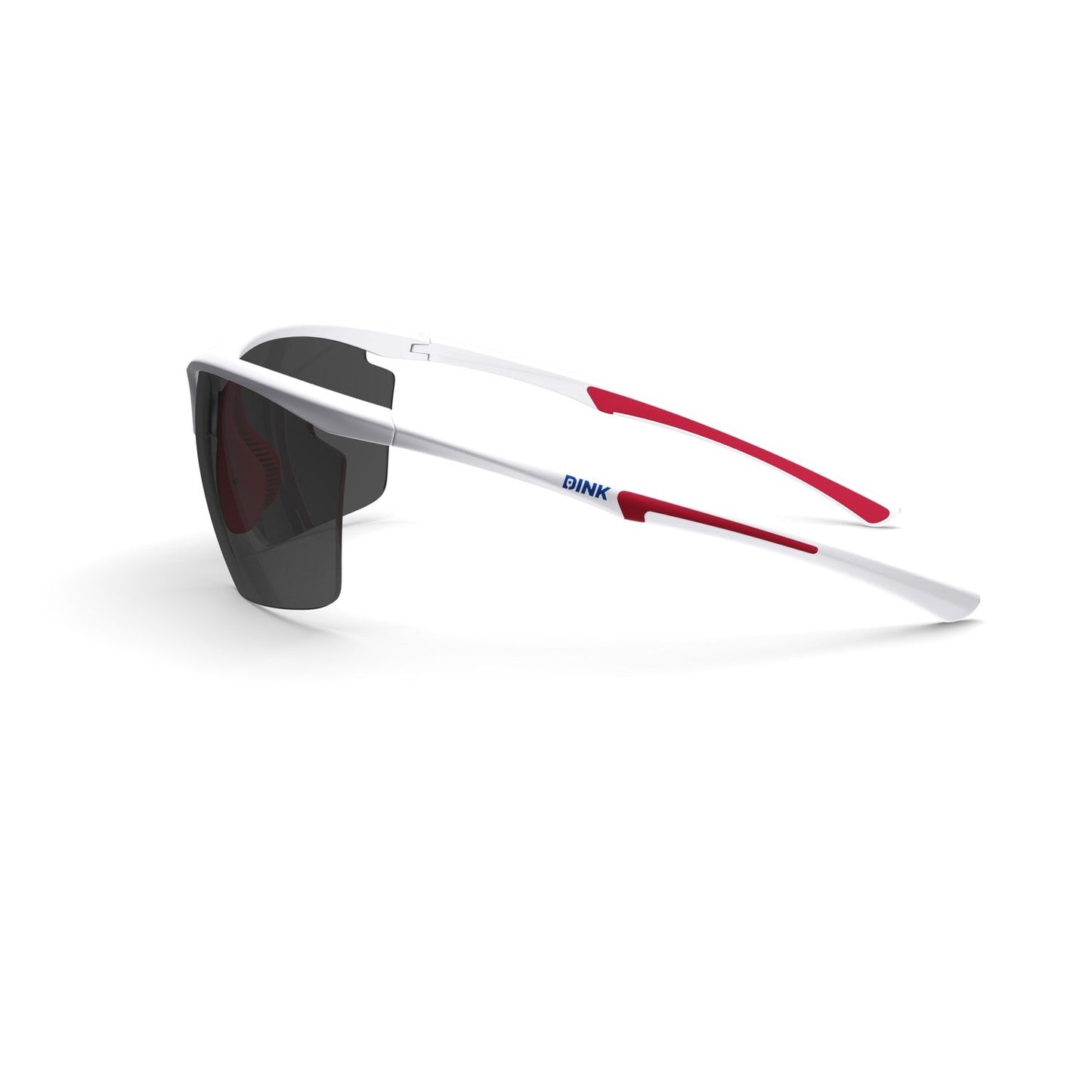 The Daytona Petite Large Pickleball Sunglasses by Dink Eyewear feature a white frame, curved arms with red rubber grips, and dark shield-shaped lenses. "DINK" in blue accents the arm. Lightweight and sporty, they're shown on a white background.