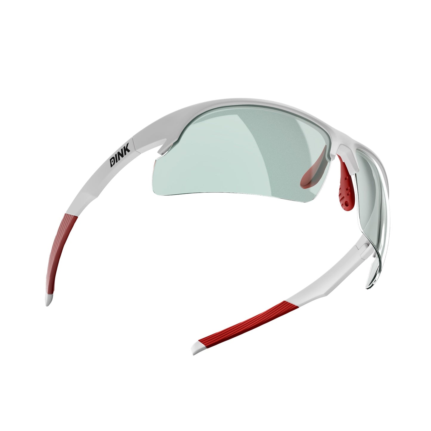 The Daytona Sunglasses - White/Red by Dink Eyewear feature a sleek wrap design with a single light green lens, red rubber accents on the nose pads and temple tips, and “DINK” printed in black on the left arm.