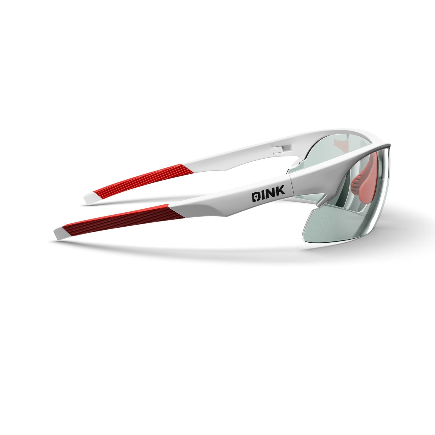 The Daytona Pickleball Sunglasses from Dink Eyewear feature a modern, semi-rimless white/red frame with mirrored lenses and the DINK logo by the hinge—ideal for active play with a sleek, aerodynamic design.