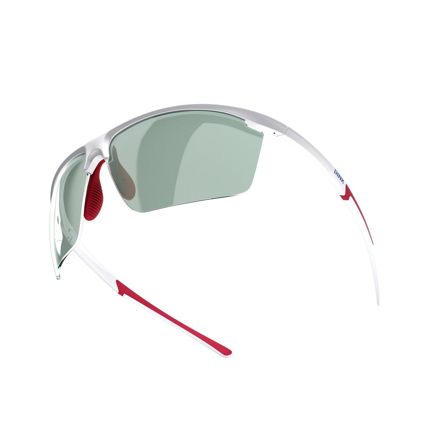The Dink Eyewear Daytona Petite Large Sunglasses in white/red feature a sporty wrap design, sleek white frame, red nose pads and temple tips, with slightly curved green-tinted lenses and a partial rimless edge for an athletic look.