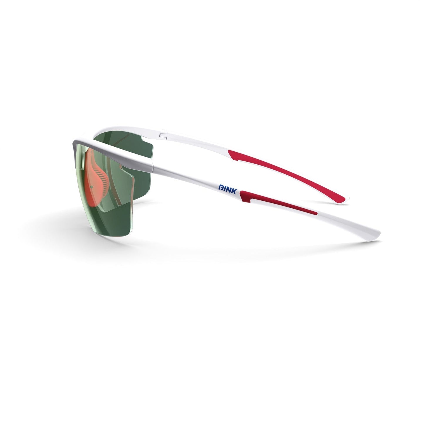 The Daytona Petite Large RX Pickleball Sunglasses by Dink Eyewear feature a lightweight white frame with red arms, mirrored green lenses, and blue "DINK" branding. Shown on a plain white background from a rear side angle.