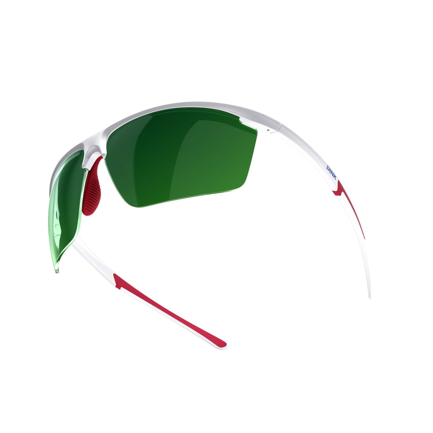 The Dink Eyewear Daytona Petite Large Sunglasses in white/red feature green lenses, a semi-rimless sporty design, and red accents on the nose pads and inner arms, offering a sleek modern look against a white background.