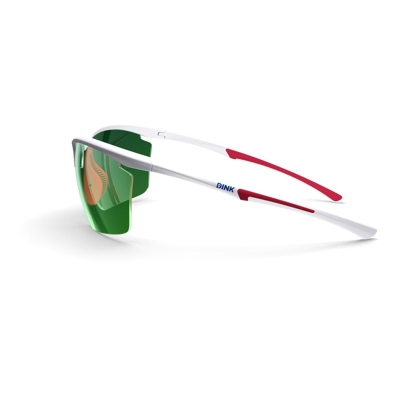 The Daytona Petite Large RX Pickleball Sunglasses by Dink Eyewear feature a white/red frame, green mirrored lenses, and "DINK" in blue on the left arm. Lightweight and aerodynamic, they're perfect sporty glasses for active pickleball players.