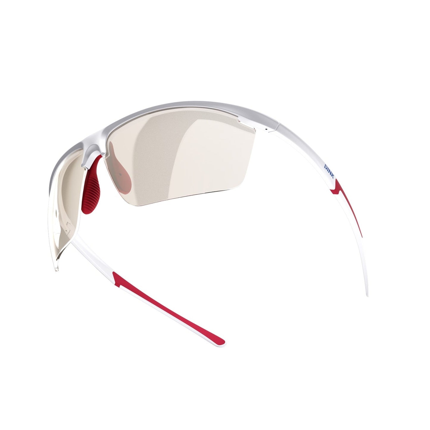 The Dink Eyewear Daytona Petite Large RX Sunglasses feature a lightweight white frame, red ear pieces and nose pads, and mirrored lenses. Their sporty wrap design delivers an aerodynamic, modern look for athletic or outdoor activities.