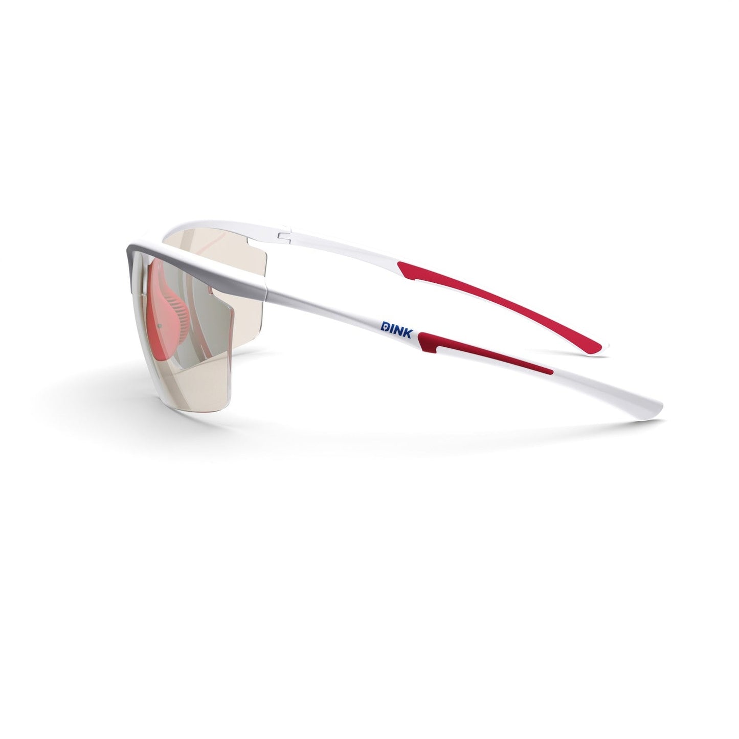 The Daytona Petite Large Sunglasses by Dink Eyewear feature a sporty wrap design, white frame with red arm accents, blue "DINK" logo on the sides, and curved mirrored lenses. They are shown on a white surface with a shadow.