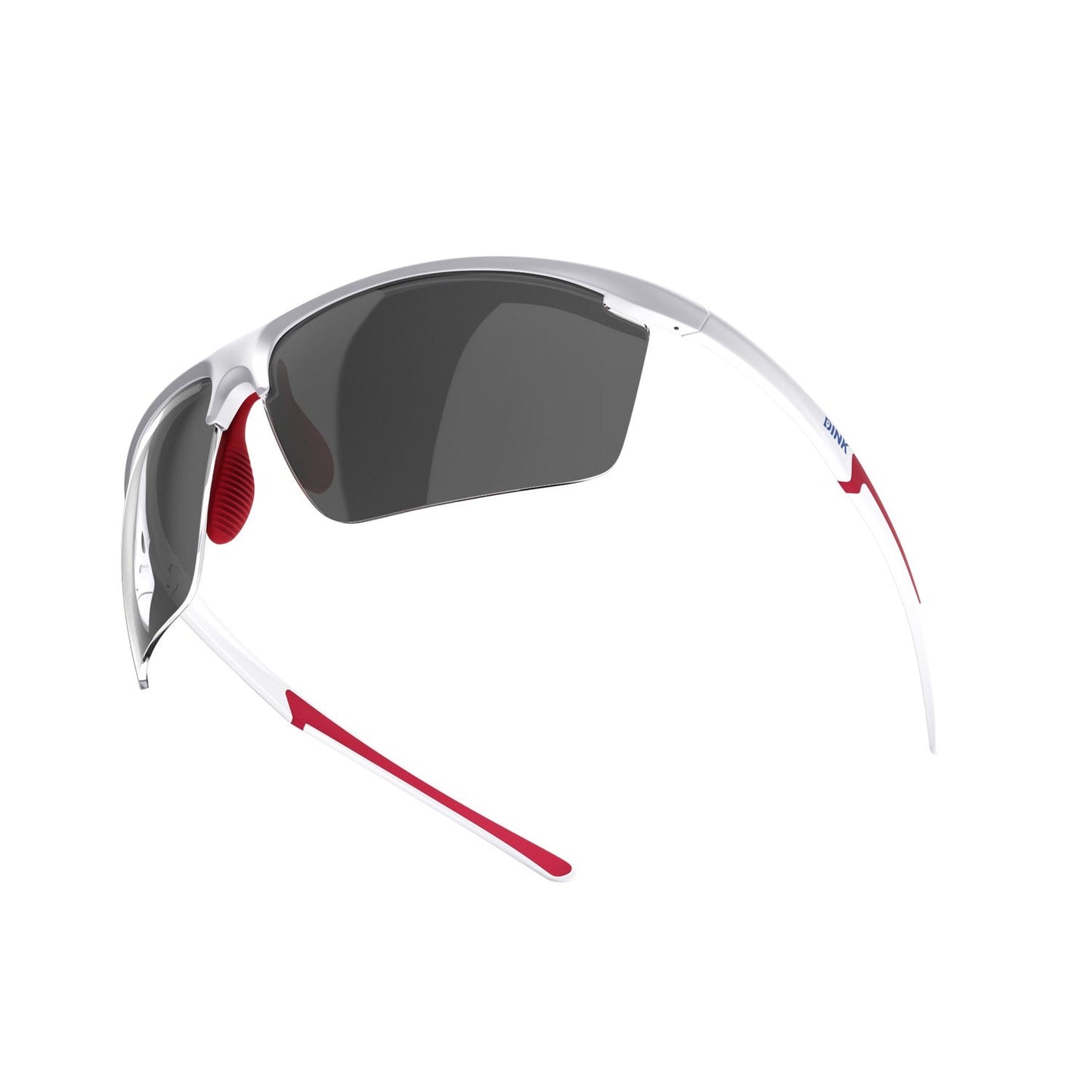 The Dink Eyewear Daytona Petite Large RX Sunglasses feature a white lightweight frame, black semi-rimless lenses, and red accents—combining a sleek wrap design perfect for sports or outdoor activities.