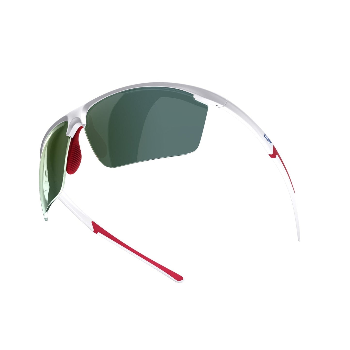 The Dink Eyewear Daytona Petite Large Pickleball Sunglasses in White/Red feature a semi-rimless, sporty wrap frame with green tinted lenses and slim temples with red rubber accents—lightweight and modern for active use.
