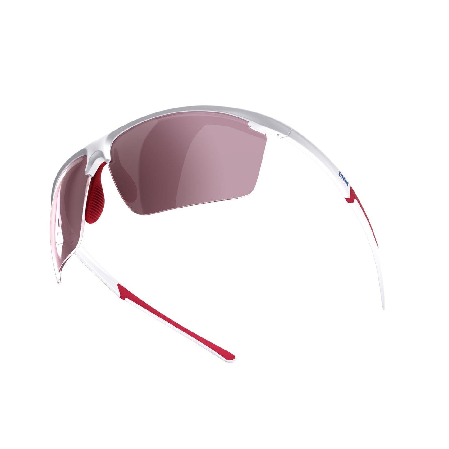 The Dink Eyewear Daytona Petite Large RX Sunglasses in white/red feature a lightweight frame, red nose pads and temple tips, plus large pinkish-purple lenses—perfect sporty wrap shades for pickleball or outdoor activities.