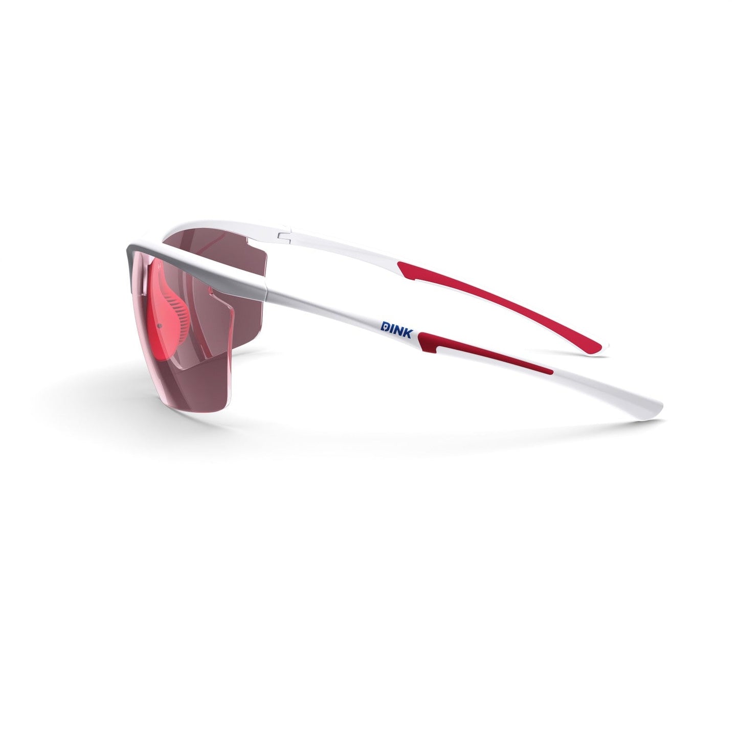 The Daytona Petite Large RX Pickleball Sunglasses by Dink Eyewear feature a sleek, lightweight white frame, red-tinted wraparound lenses, red arm accents, and "DINK" in blue on the side. Shown in a curved design against a white background.