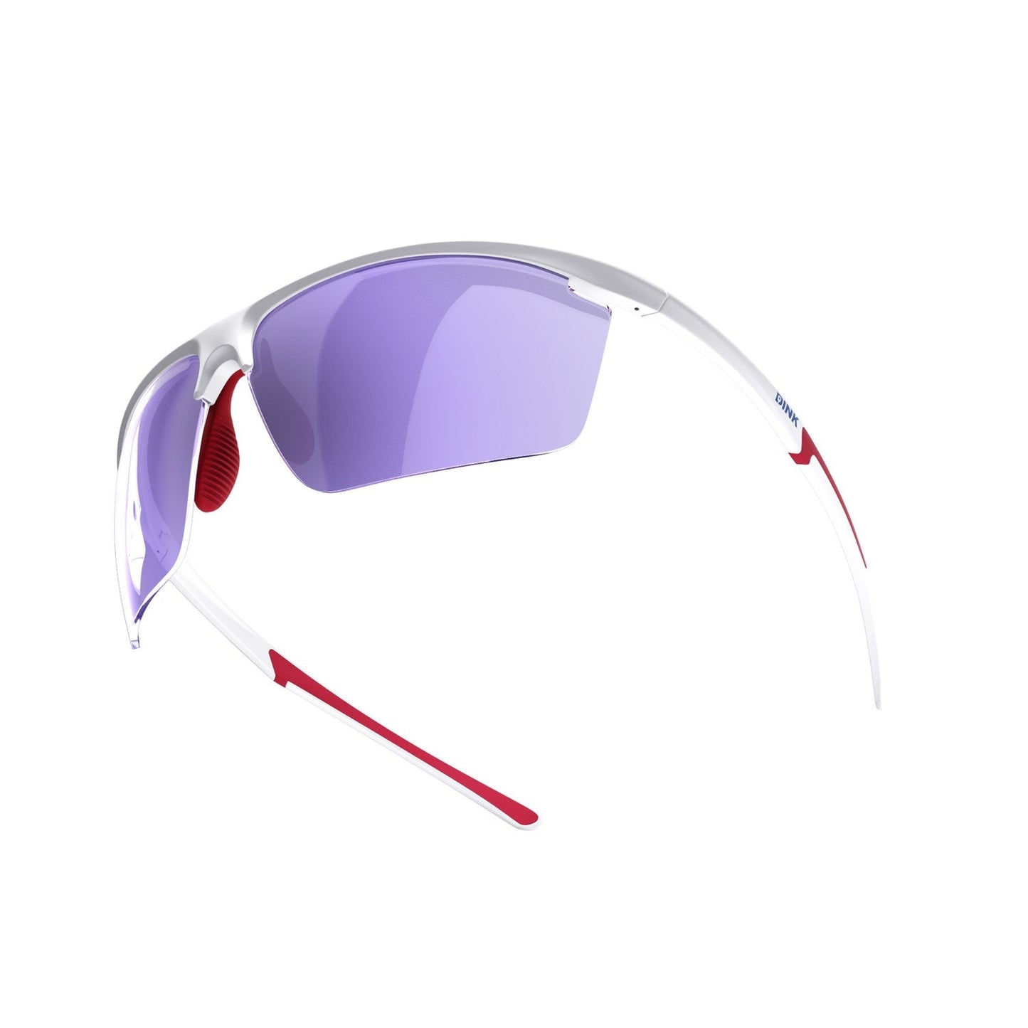 The Dink Eyewear Daytona Petite Large RX Sunglasses in White/Red feature a lightweight, sporty wrap frame with thin arms, purple semi-rimless lenses, and red nose pads and accents for a stylish, comfortable fit.