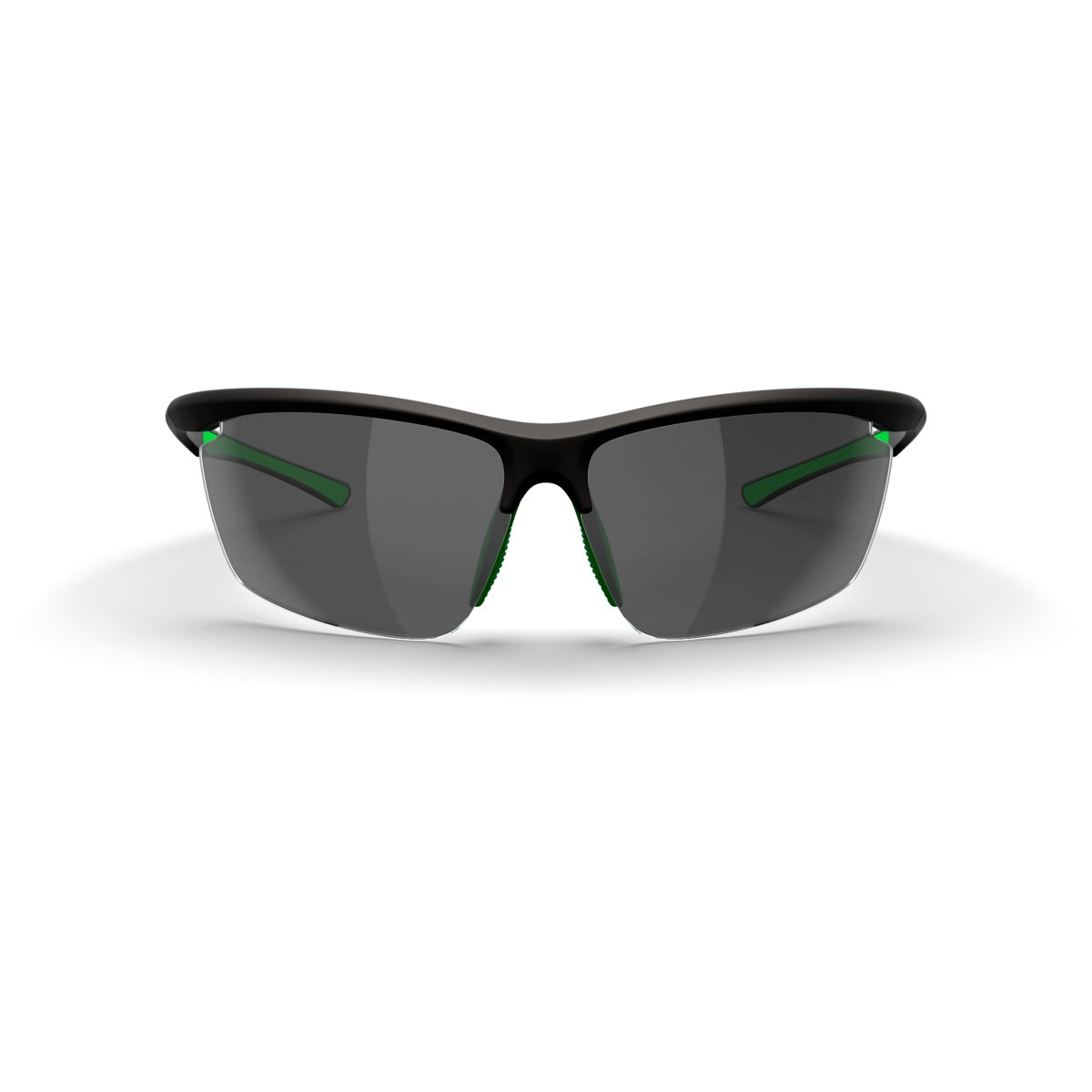 Dink Eyewear’s Daytona Petite Pickleball Sunglasses in Black/Green feature a sporty wrap design with black frames, dark lenses, and green accents on the temple interiors and nose pads. Shown with frame facing forward against a white background.
