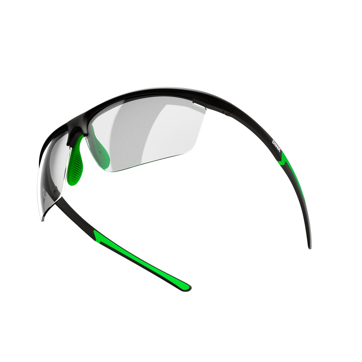The Dink Eyewear Daytona Petite Sunglasses in Black/Green feature a sleek wrap design, sporty clear lenses, and bright green accents. Lightweight and comfy, they're perfect pickleball glasses or for any fast-paced outdoor activity.