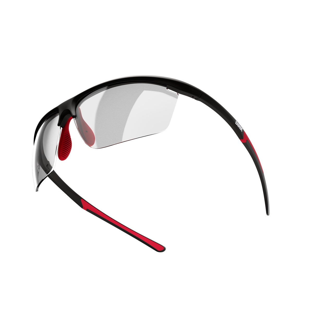 Dink Eyewear's Daytona Petite Pickleball Sunglasses in black/red fhjv feature lightweight frames, clear wraparound lenses, red rubber nose pads, red arm accents, and a curved design for a secure fit. “Dink Eyewear” branding appears on the left arm.