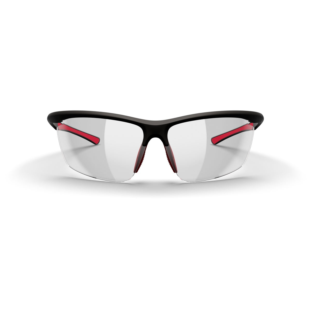 Front view of Dink Eyewear's Daytona Petite Sunglasses in black/red—sporty, semi-rimless frames with clear lenses and red accents on nose pads and inner arms, shown with a subtle shadow on a white background.