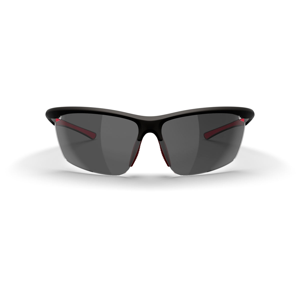 The Daytona Petite Sunglasses by Dink Eyewear feature a sporty, wraparound black frame with red nose pads and inner arms, plus dark rectangular lenses. Shown facing forward on a white background.