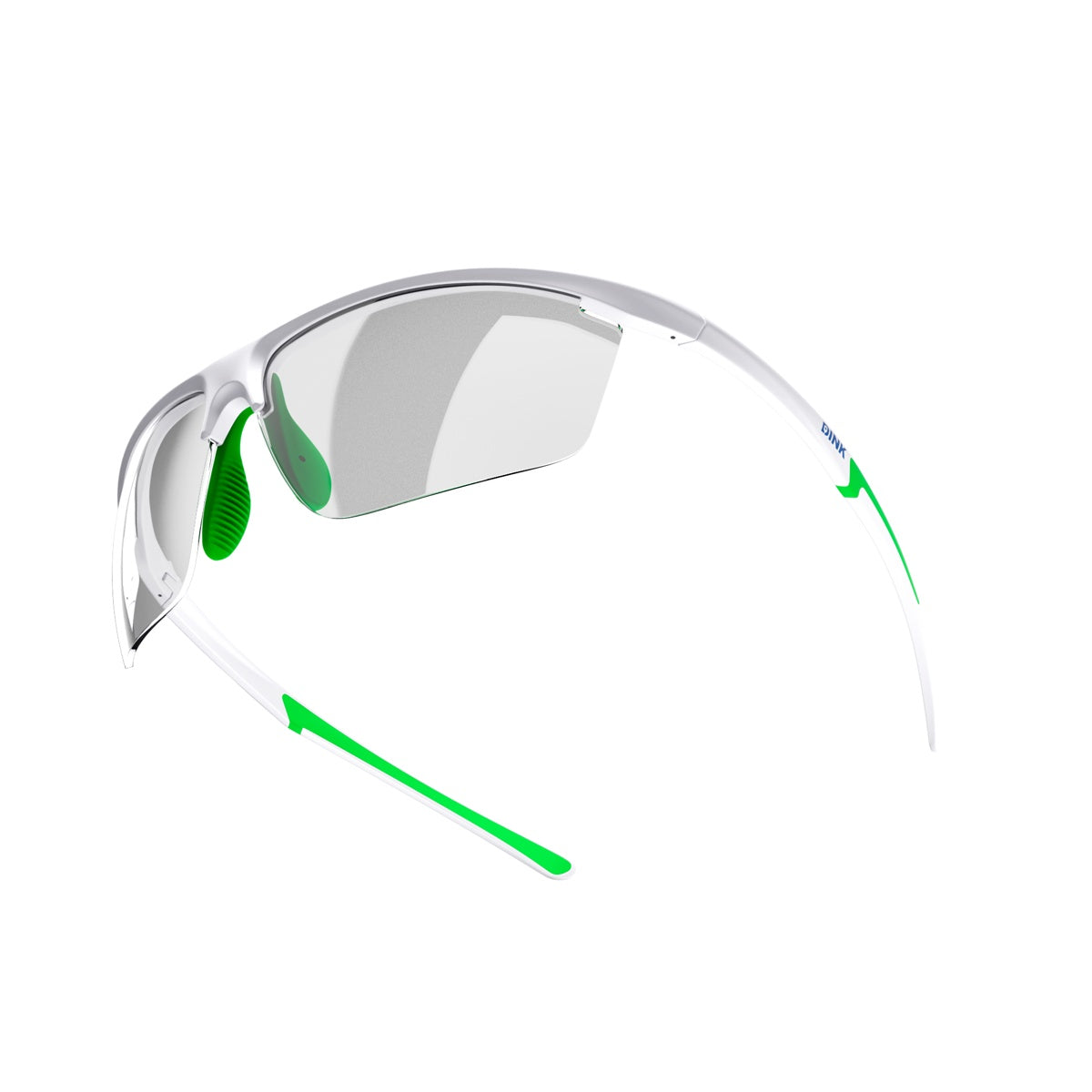 The Daytona Petite Pickleball Sunglasses by Dink Eyewear feature a sporty wraparound design, lightweight white frame with green accents, mirrored lenses, and are perfect for athletic or outdoor activities.