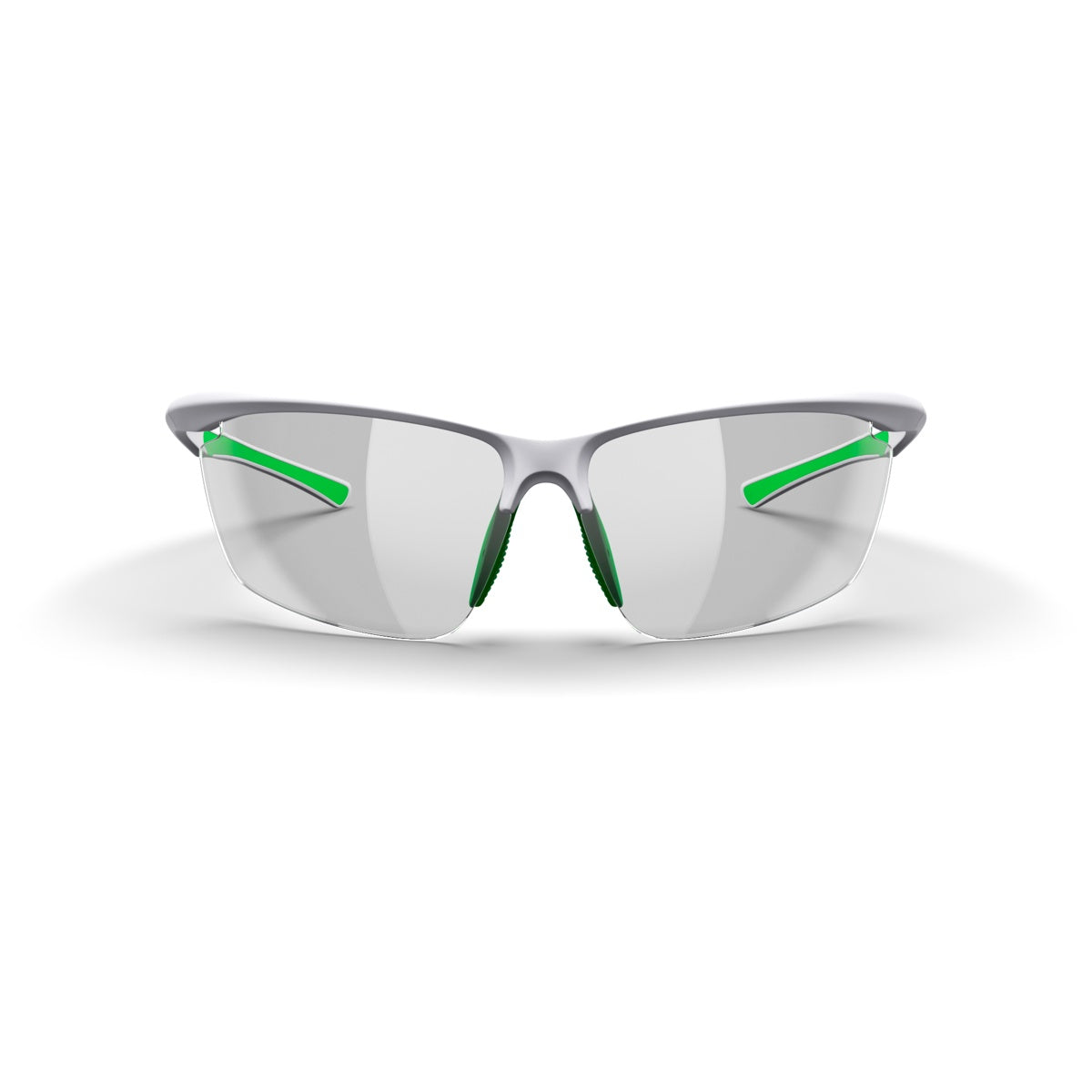 The Dink Eyewear Daytona Petite Pickleball Sunglasses in White/Green feature a modern, semi-rimless metallic silver frame with bright green temples and nose pads, designed for lightweight comfort and style on the court.
