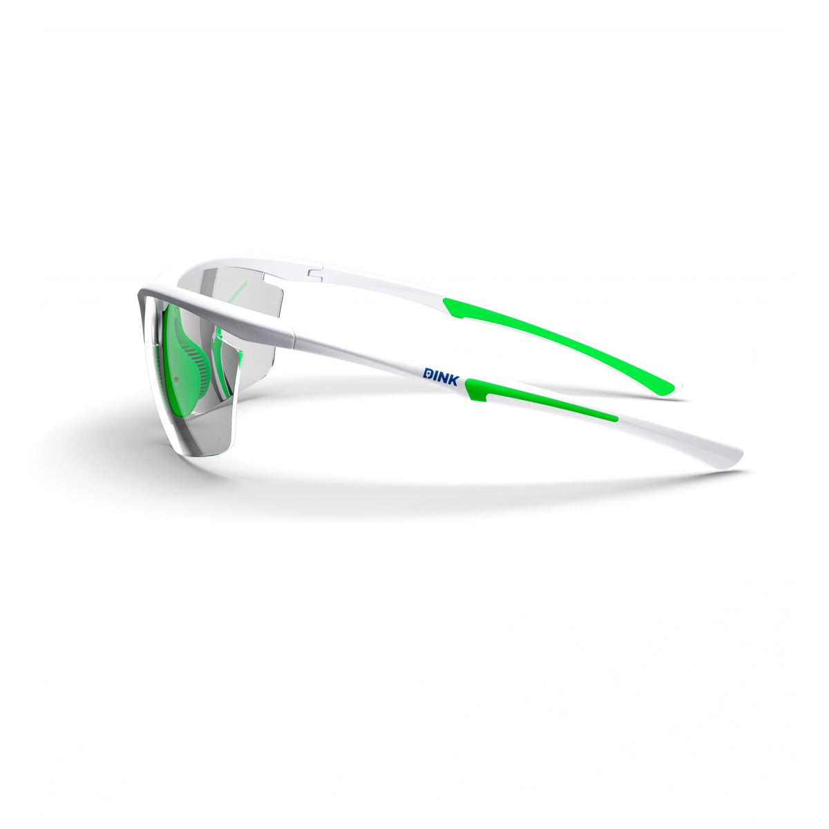 The Daytona Petite Sunglasses by Dink Eyewear feature a sporty wrap design with white frames, green accents, clear curved lenses, and "DINK" in blue on the arm—all set against a plain white background.