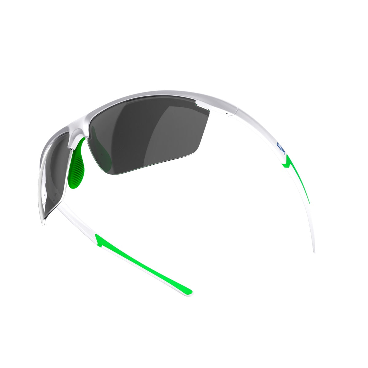 Dink Eyewear’s Daytona Petite Sunglasses feature a white frame, dark rectangular lenses, and bright green rubber accents on the nose pad, inside the arms, and ear tips. Shown on a white background.