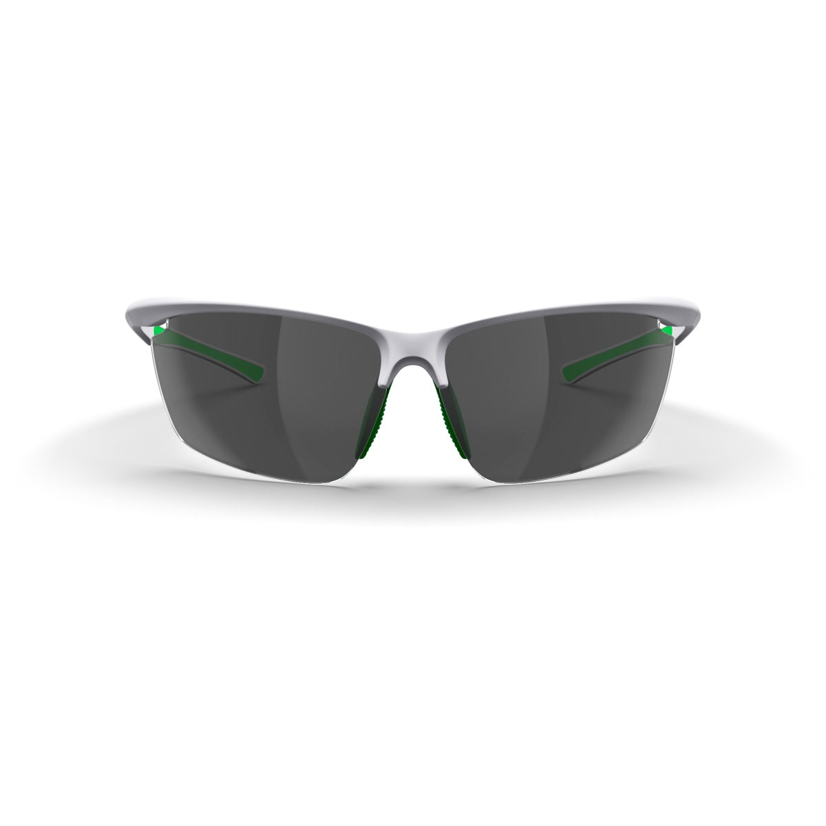 Front view of Dink Eyewear Daytona Petite Sunglasses featuring a white frame, dark gray lenses, and green accents on the inner arms and nose pads, shown against a white background with a subtle shadow.