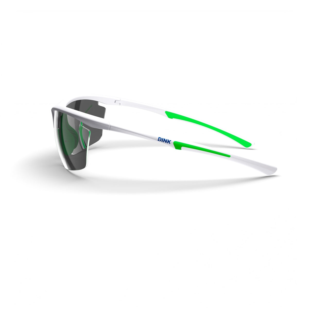 The Daytona Petite Pickleball Sunglasses by Dink Eyewear feature a white and green aerodynamic frame, gray tinted lenses, and “DINK” in blue on the left arm—perfect lightweight eyewear for active pickleball players.