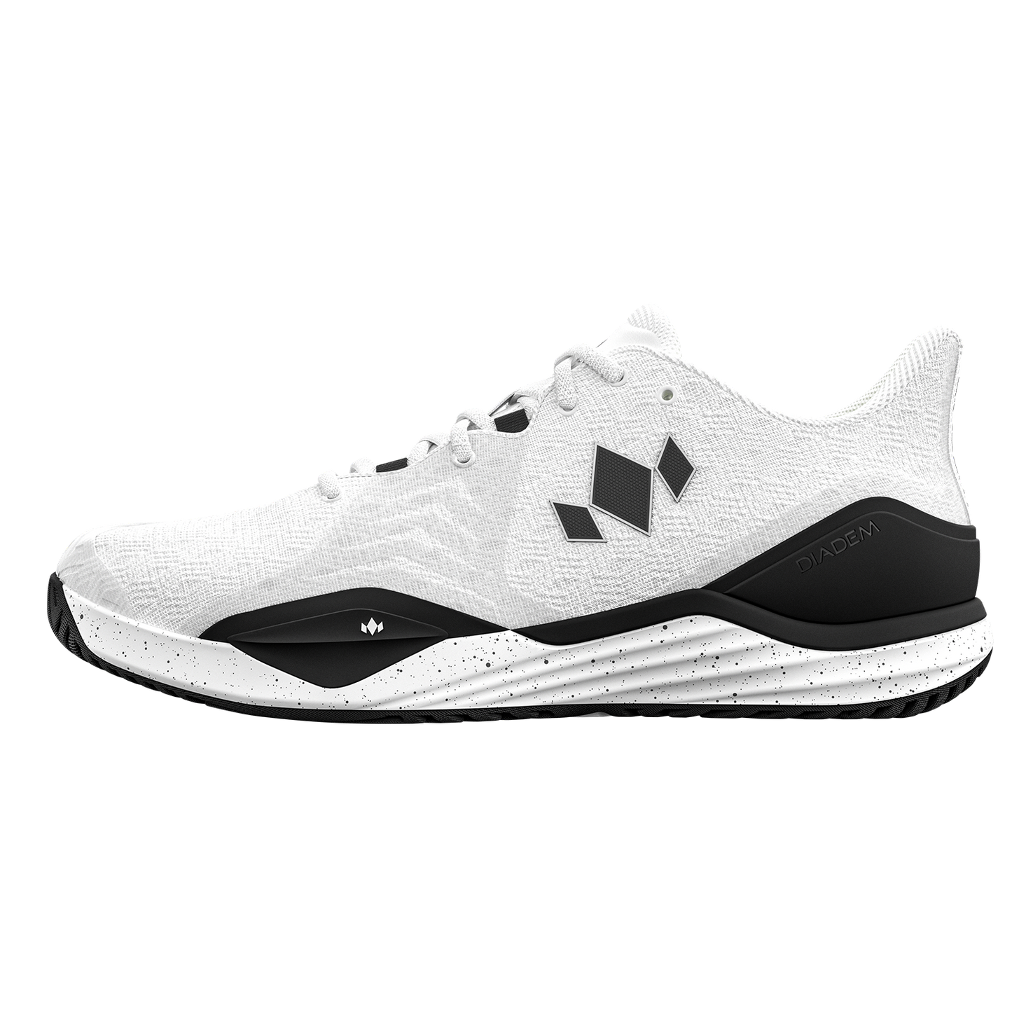 The Diadem Court Burst by Diadem Sports is a white court shoe with a textured upper, black logo, heel and outsole, and a speckled white midsole—ideal for pickleball or tennis. Features white laces; shown low-cut from the side on a light background.