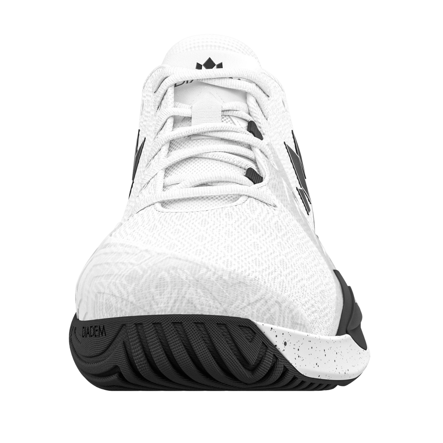 The Diadem Court Burst by Diadem Sports is a white court shoe with black accents, a grooved black sole, geometric side designs, a subtle textured upper, and speckled midsole—ideal for tennis or pickleball.