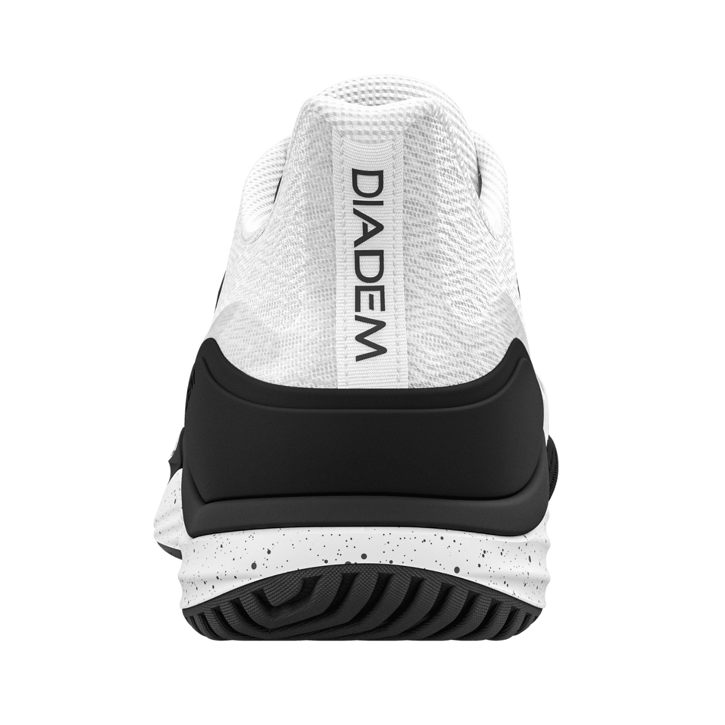 A rear view of the Diadem Court Burst by Diadem Sports, featuring a white performance knit upper, black outsole, speckled white midsole, and “DIADEM” vertically on the heel tab. Wavy tread offers superior grip.