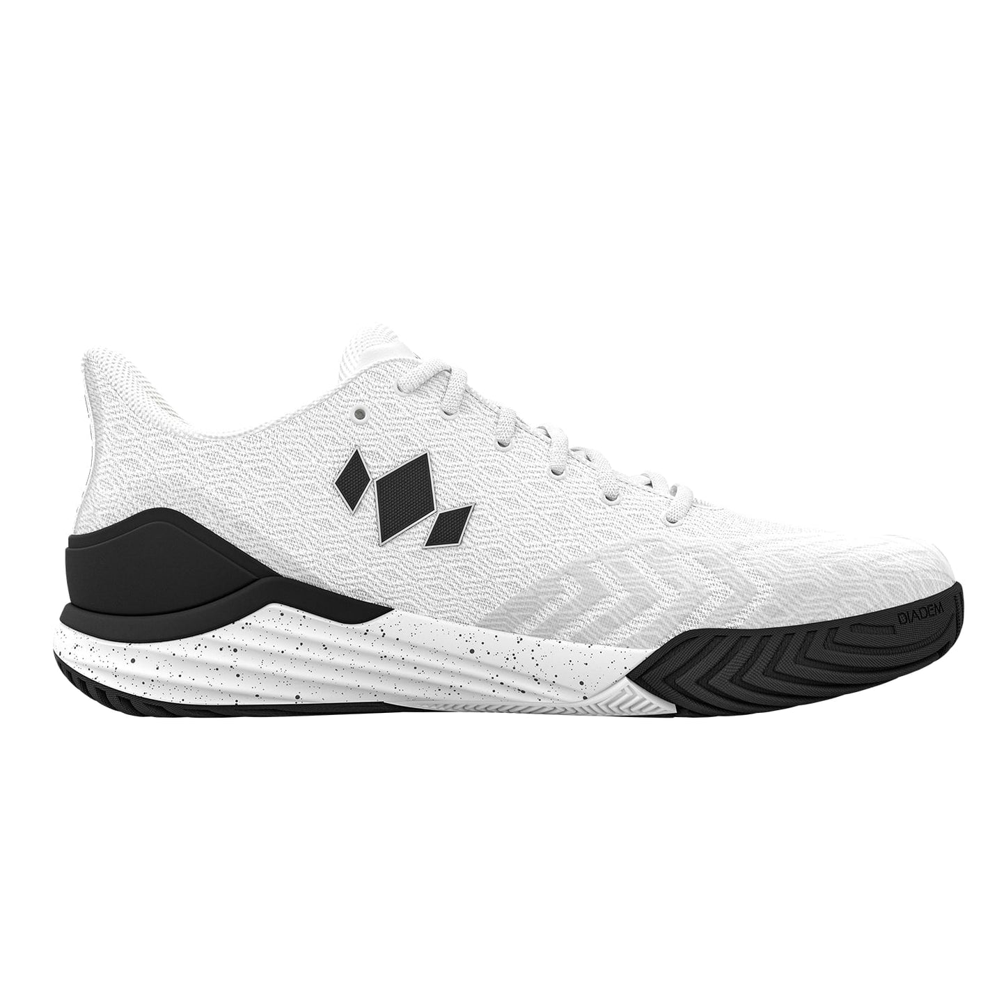 The Diadem Court Burst by Diadem Sports is a white athletic court shoe with a textured upper, black geometric logo, black heel accent, speckled midsole, and black outsole—perfect for tennis or pickleball. Shown in profile against a white background.