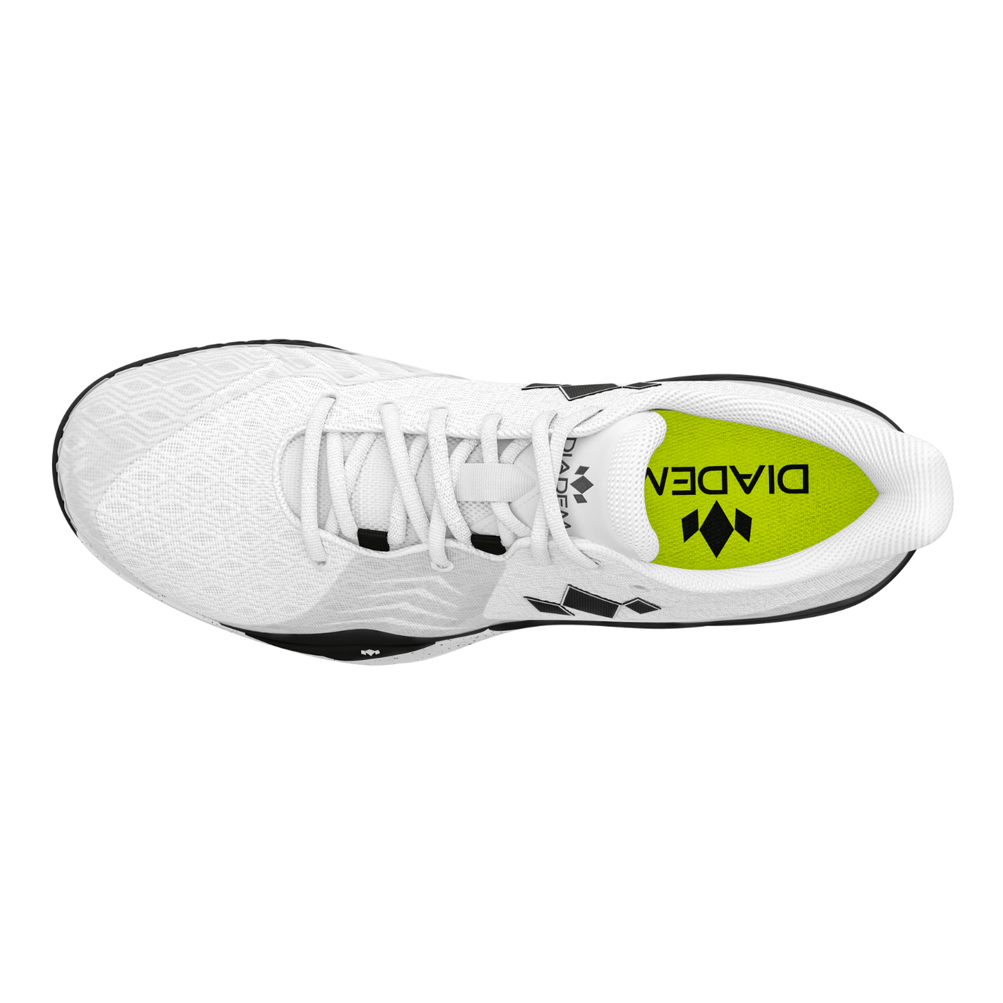 Top view of the Diadem Court Burst by Diadem Sports: a white athletic court shoe with a mesh pattern, white laces, black accents, and a bright yellow inner sole featuring the black Diadem logo—ideal for pickleball or tennis.