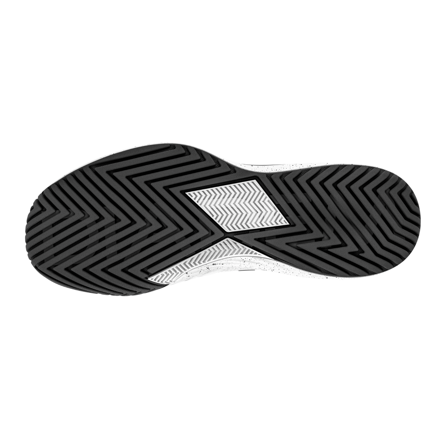 A close-up of the Diadem Court Burst sole by Diadem Sports shows black and white chevron tread patterns. The mostly black sole with white accents is designed for grip and traction on pickleball or tennis courts. White background.