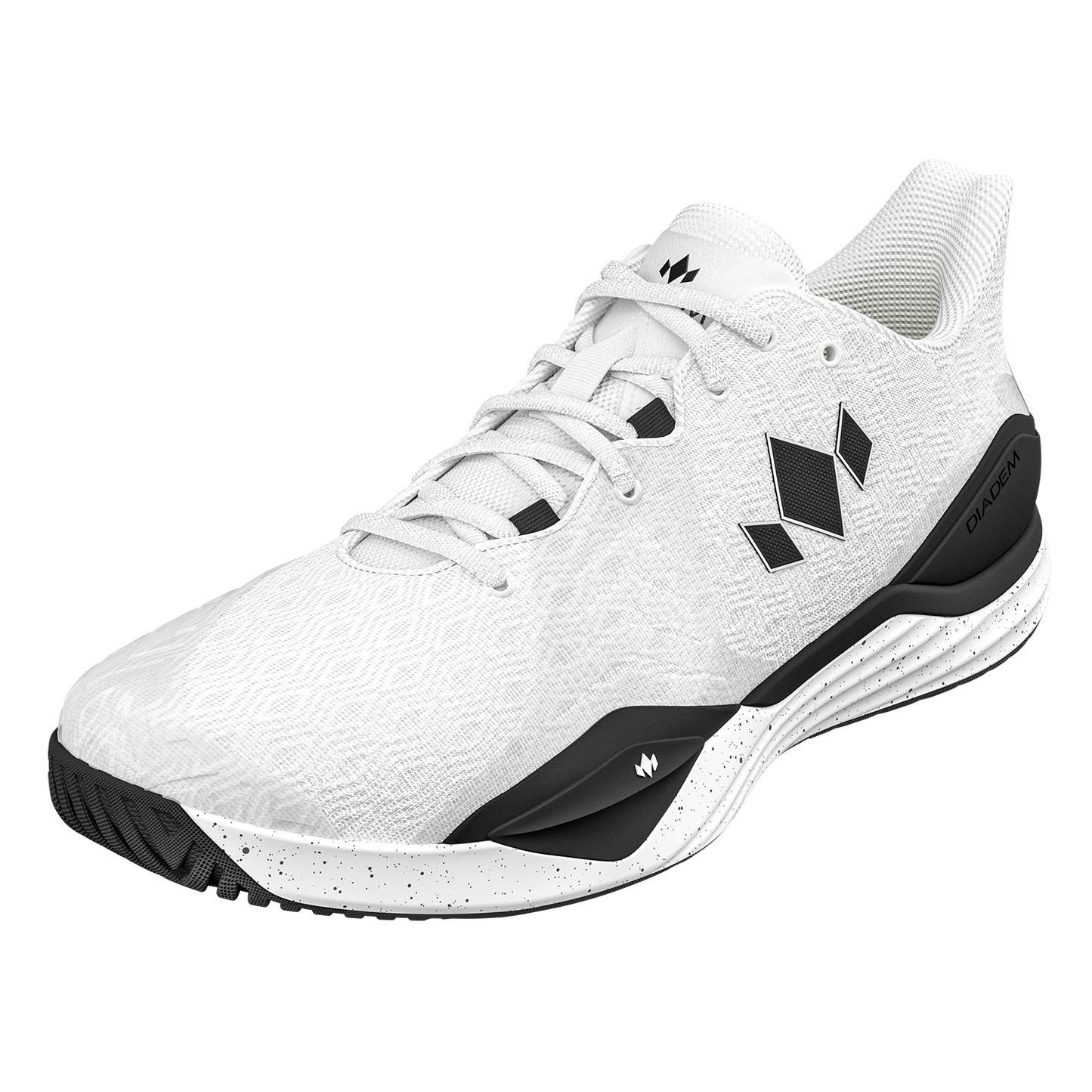 The Diadem Sports Diadem Court Burst is a white athletic court shoe with black accents, geometric logo on the side, speckled midsole, black outsole, textured upper, and white laces. Displayed on a light gray background. Perfect for tennis or pickleball.