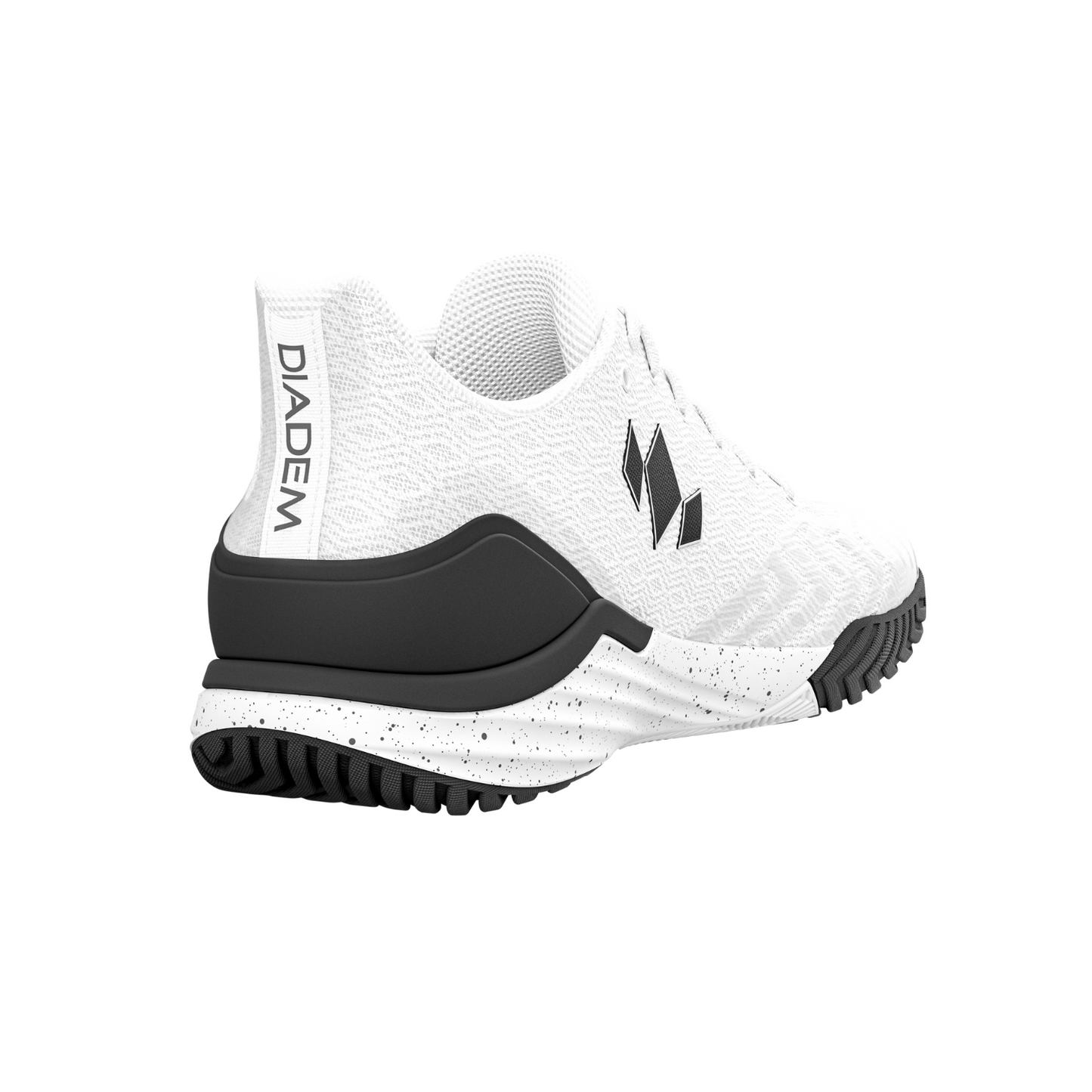 The Diadem Court Burst by Diadem Sports is a white court shoe featuring a textured mesh upper, black heel accents, black and white speckled sole, wavy tread, DIADEM on the heel tab, and a black geometric logo—perfect for tennis or pickleball.
