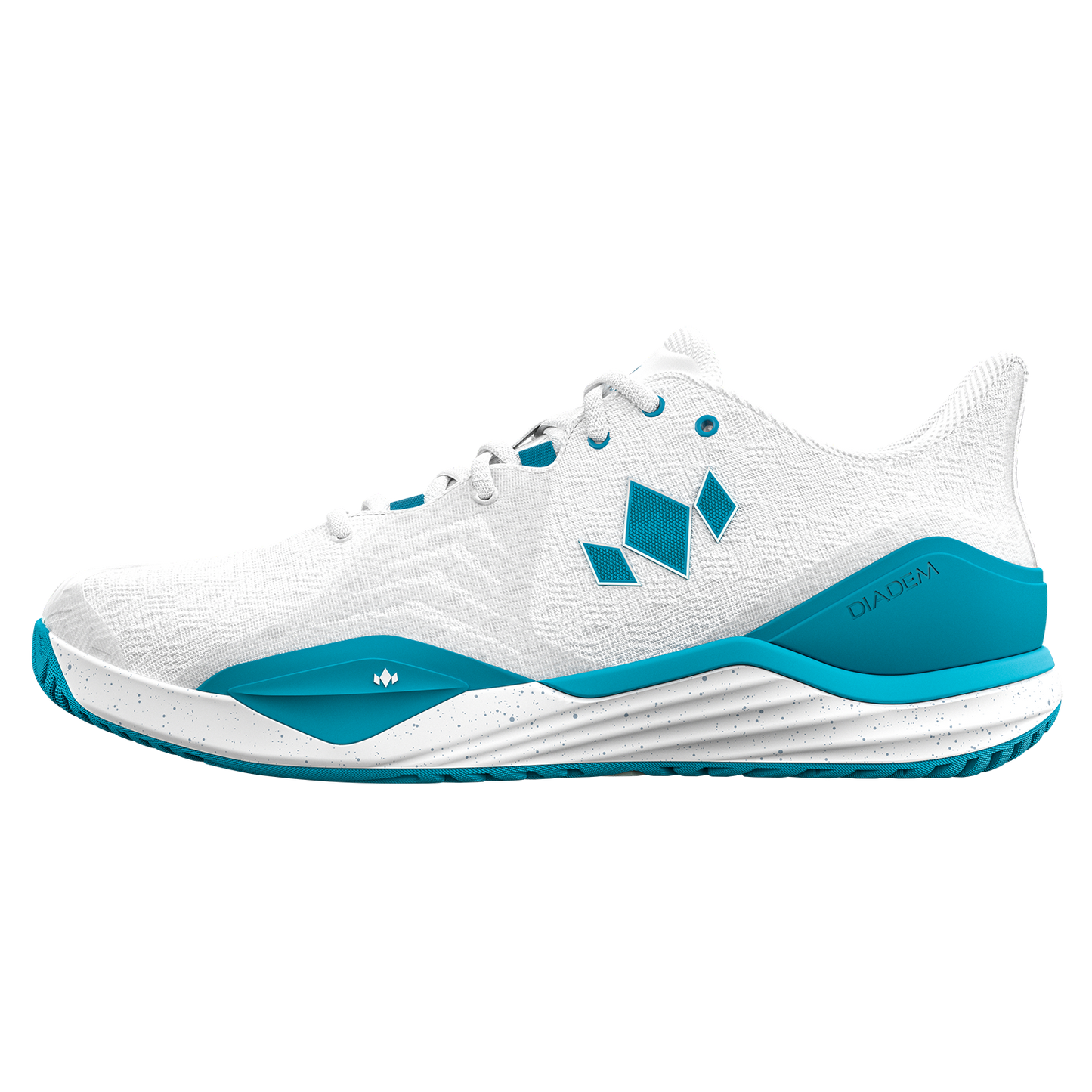 The Diadem Court Burst by Diadem Sports is a white athletic pickleball shoe with teal accents and a geometric side logo. Featuring a textured outsole and modern design, this low-cut sneaker ensures confident moves on any court.