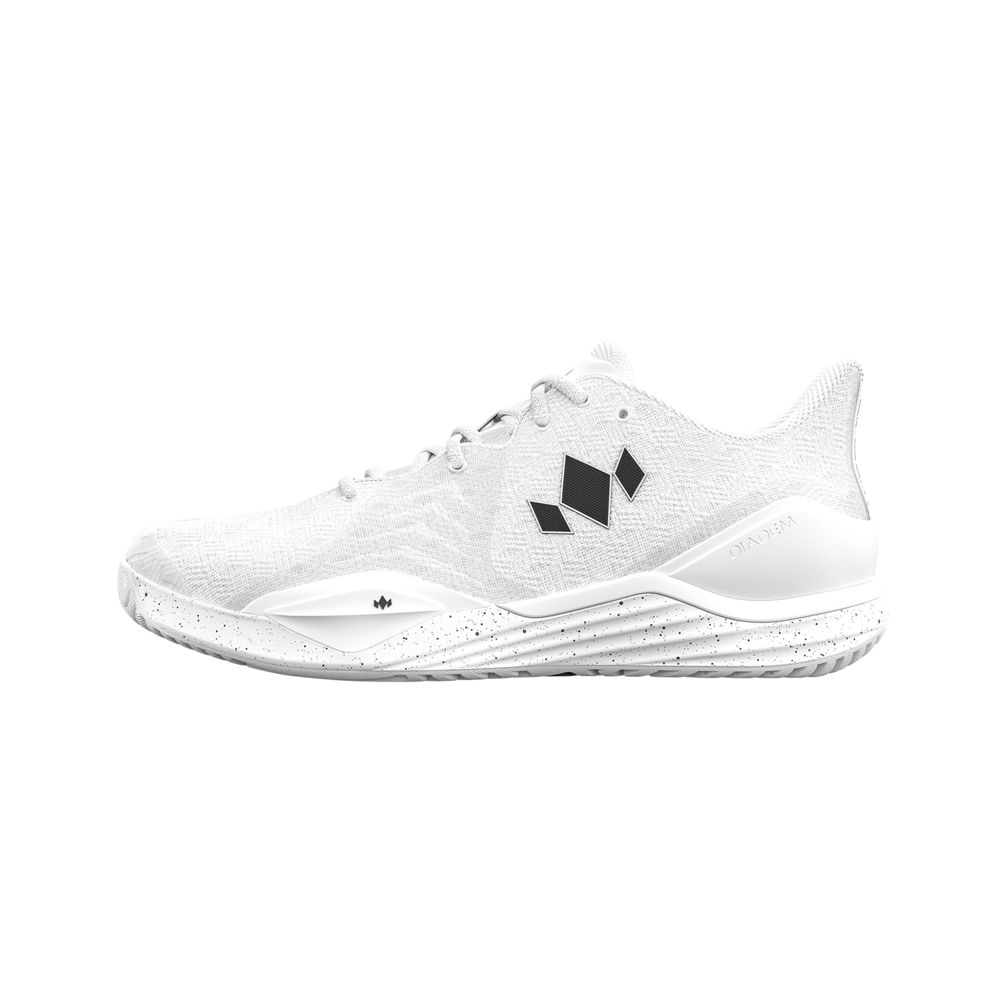 The Diadem Court Burst by Diadem Sports is a white athletic court shoe with a textured fabric upper, speckled white rubber sole, black geometric side logo, white laces, and low-top design—ideal for pickleball or tennis. Shown against a light gray background.