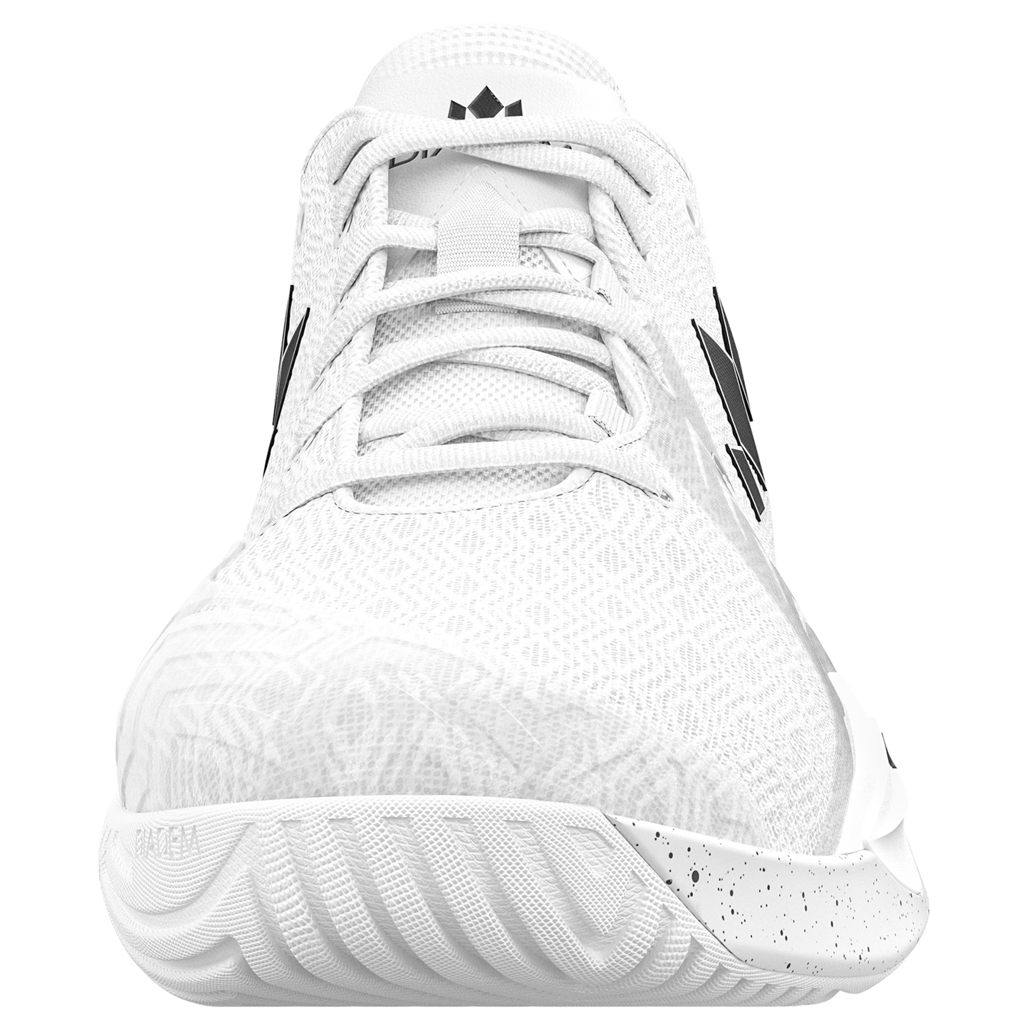 Front view of the Diadem Court Burst by Diadem Sports—a white athletic court shoe with a mesh upper, black side logo, white laces, and a textured white sole with black speckles. Perfect for tennis or pickleball, shown centered on a plain white background.