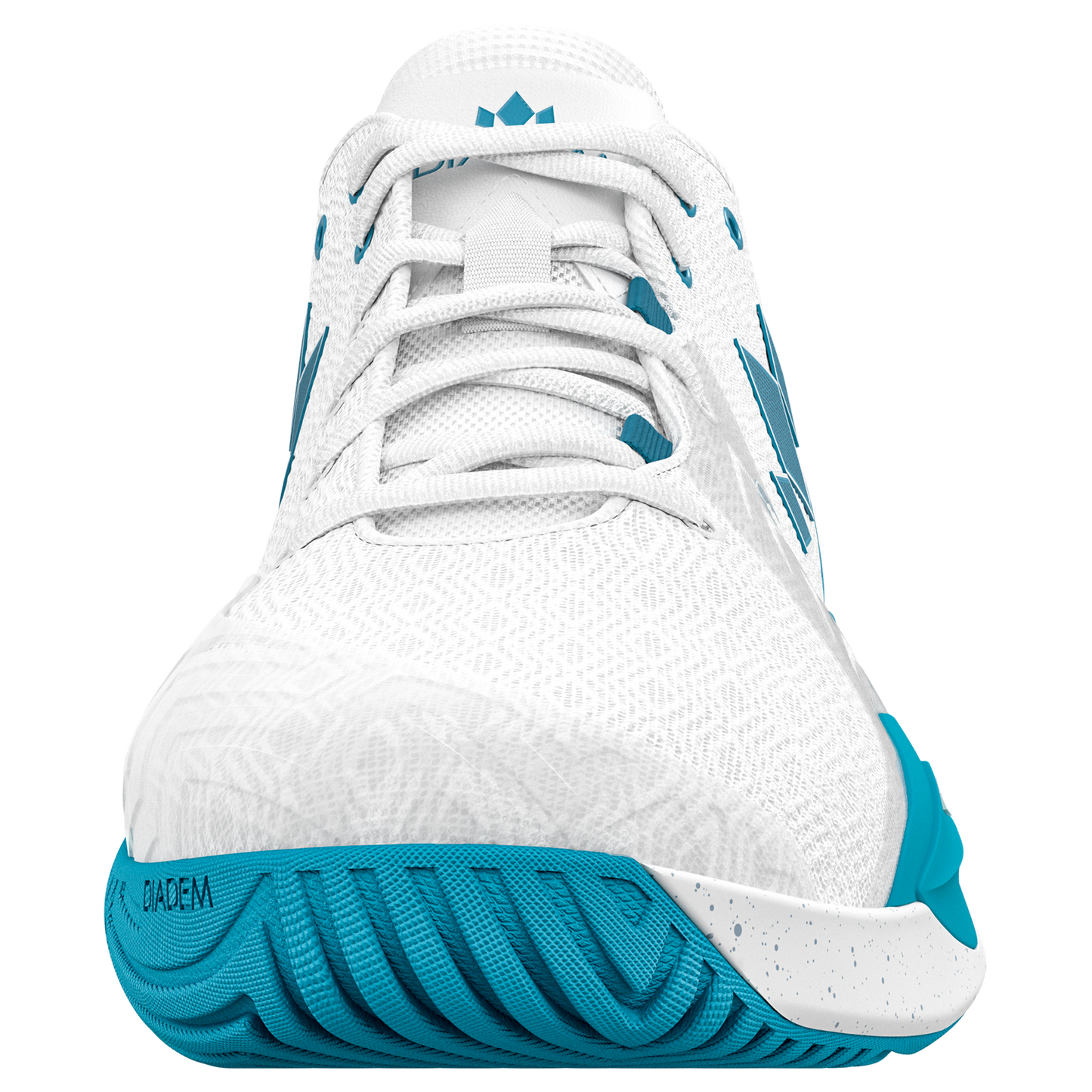 A front view of the Diadem Court Burst by Diadem Sports—a white performance knit athletic shoe with blue accents, textured mesh upper, blue logo, white laces, and a blue rubber sole embossed with “DAREEM” for modern pickleball play.