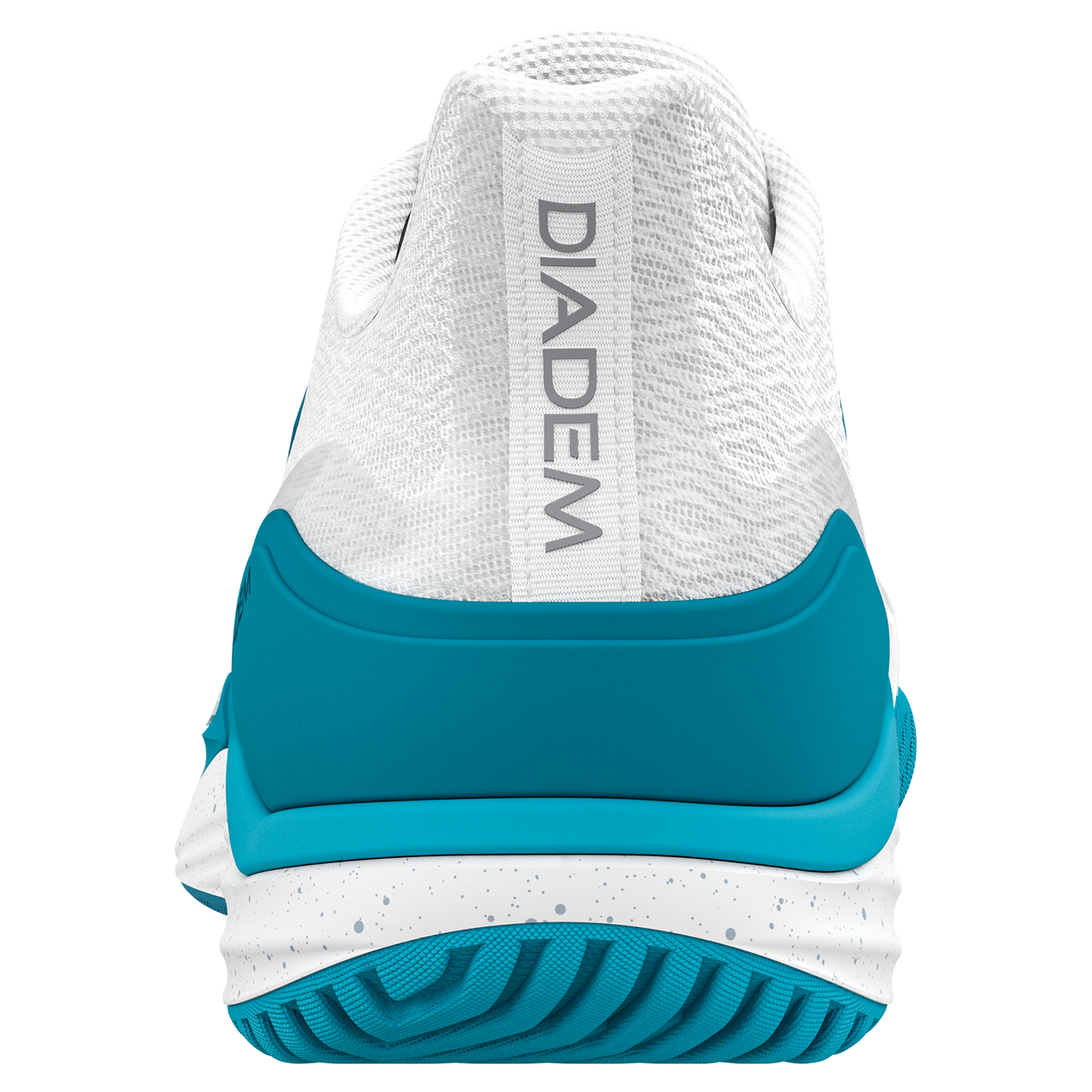 A back view of the Diadem Court Burst by Diadem Sports, a white performance knit tennis shoe with a teal heel and sole. "DIADEM" is printed in gray on the heel tab. The white midsole has gray speckles, and the teal outsole is textured. Plain background.
