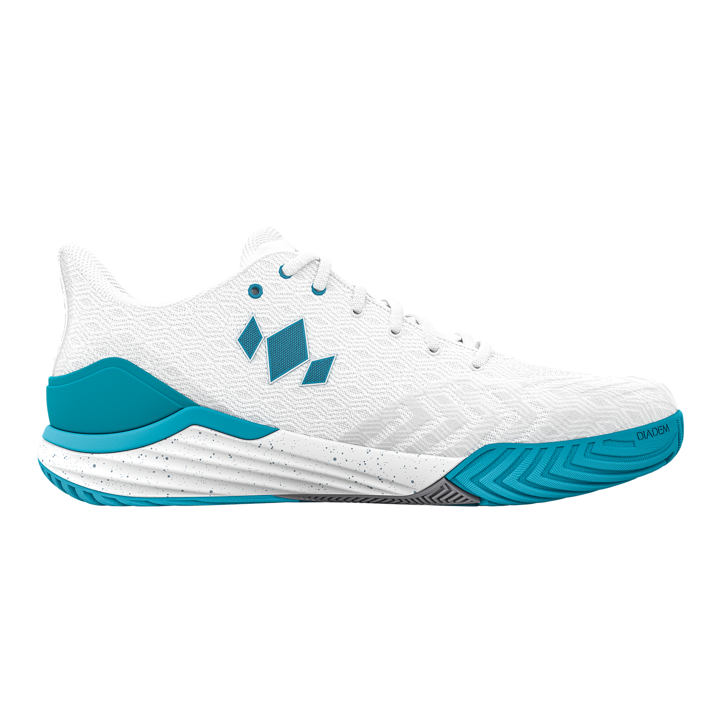 The Diadem Court Burst by Diadem Sports is a white performance knit pickleball shoe featuring teal accents on the heel, sole, and toe, three teal diamonds on the side, a speckled midsole, and herringbone tread for style and traction.