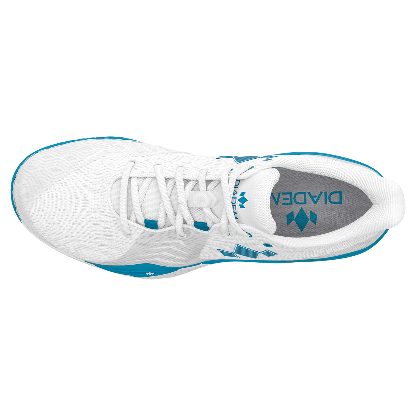 Top view of the Diadem Court Burst by Diadem Sports, a white tennis shoe with teal accents on the sole, heel, and tongue. The performance knit upper has a mesh texture, and the gray insole features the Diadem logo in teal.