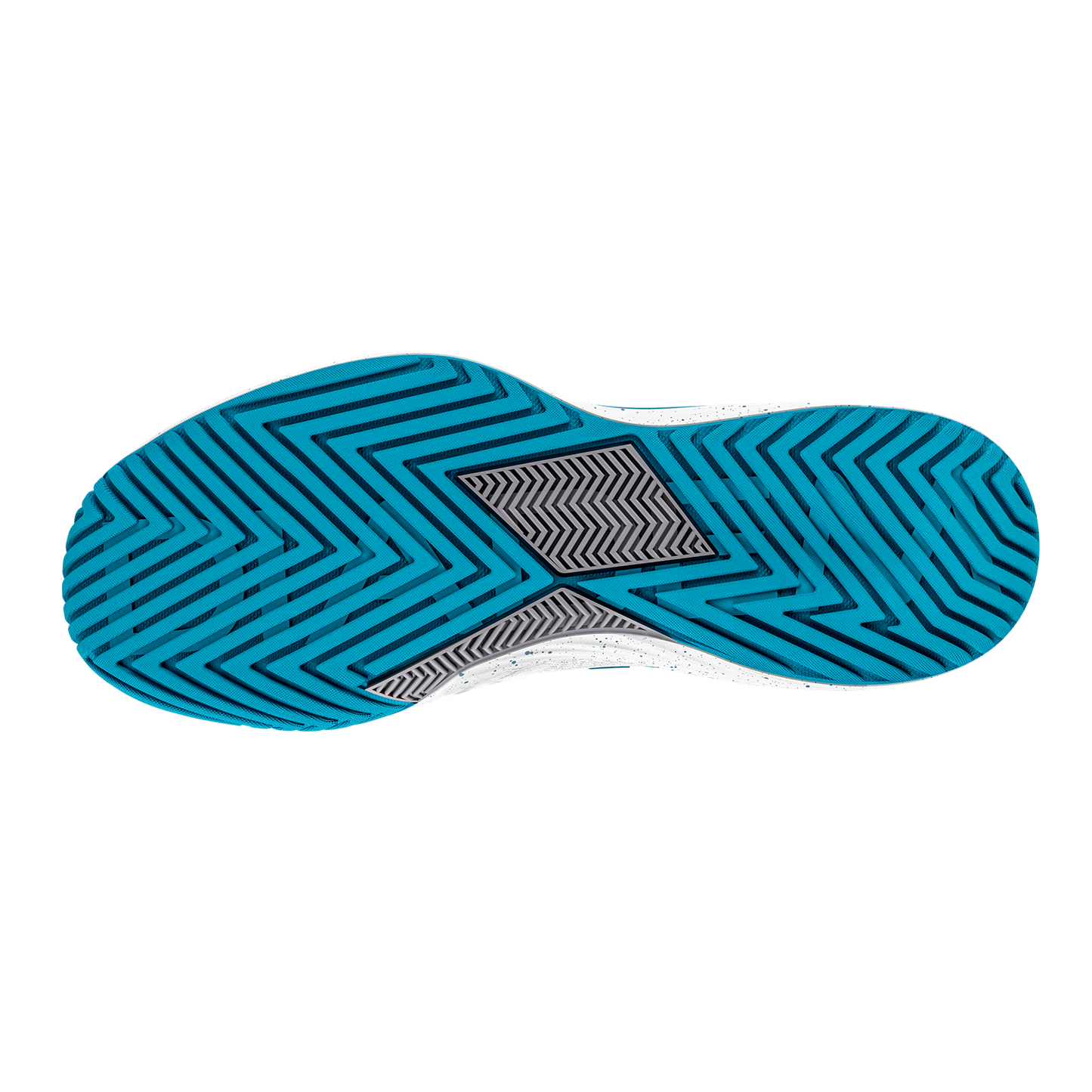 Close-up of the Diadem Court Burst sole by Diadem Sports shows bold blue and black herringbone tread for traction. Wide blue areas and a central black section stand out, with the performance knit upper set against a plain white background.