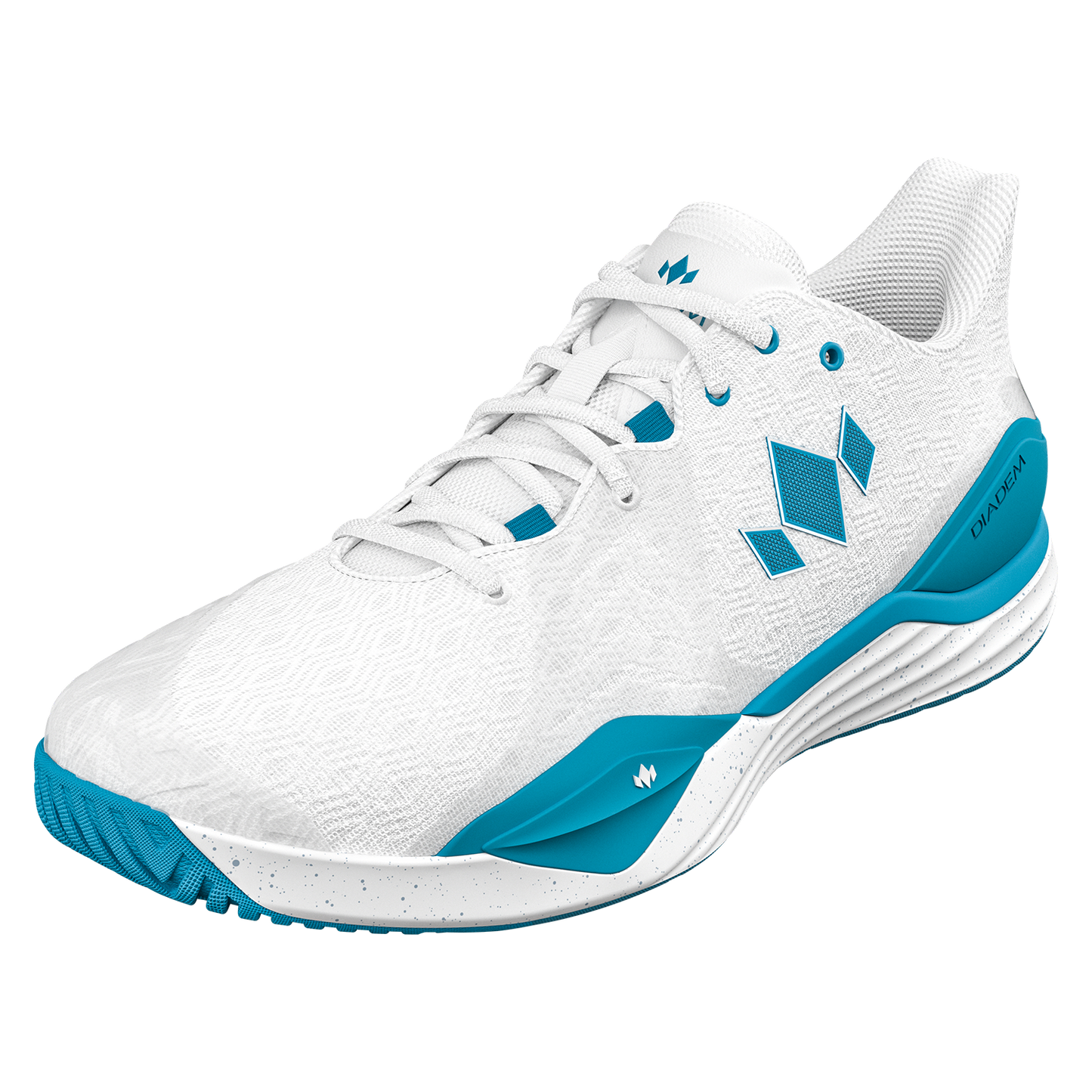 The Diadem Court Burst by Diadem Sports is a white athletic tennis shoe with blue geometric logos, blue lace holes, and a textured blue sole. Its performance knit mesh enhances breathability with a supportive midsole, making it perfect for active play.