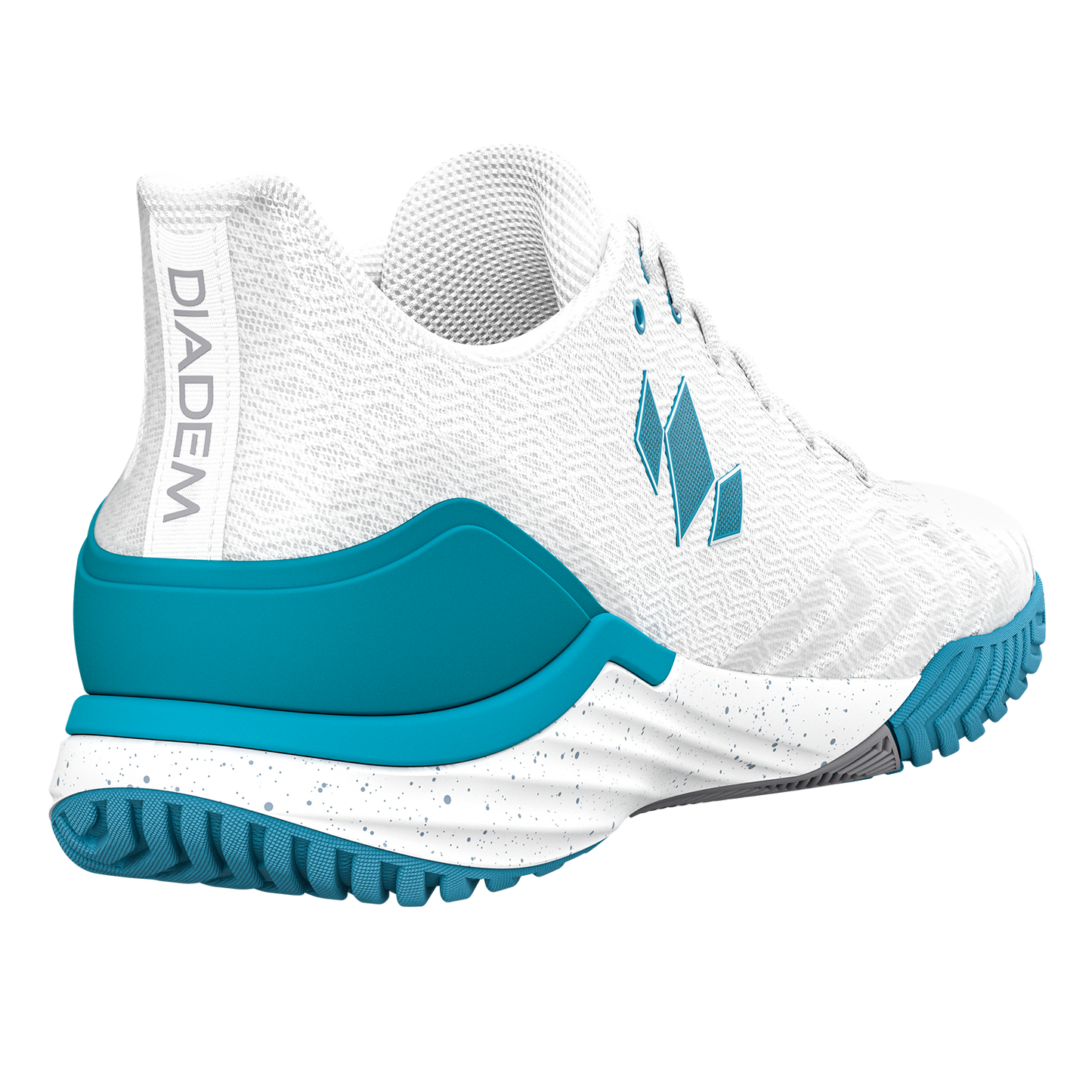 The Diadem Sports Diadem Court Burst is a white performance knit tennis shoe shown from an angle, highlighting blue accents on the heel, logo, and outsole. "DIADEM" is printed vertically on the back heel tab, with subtle speckles on the midsole.