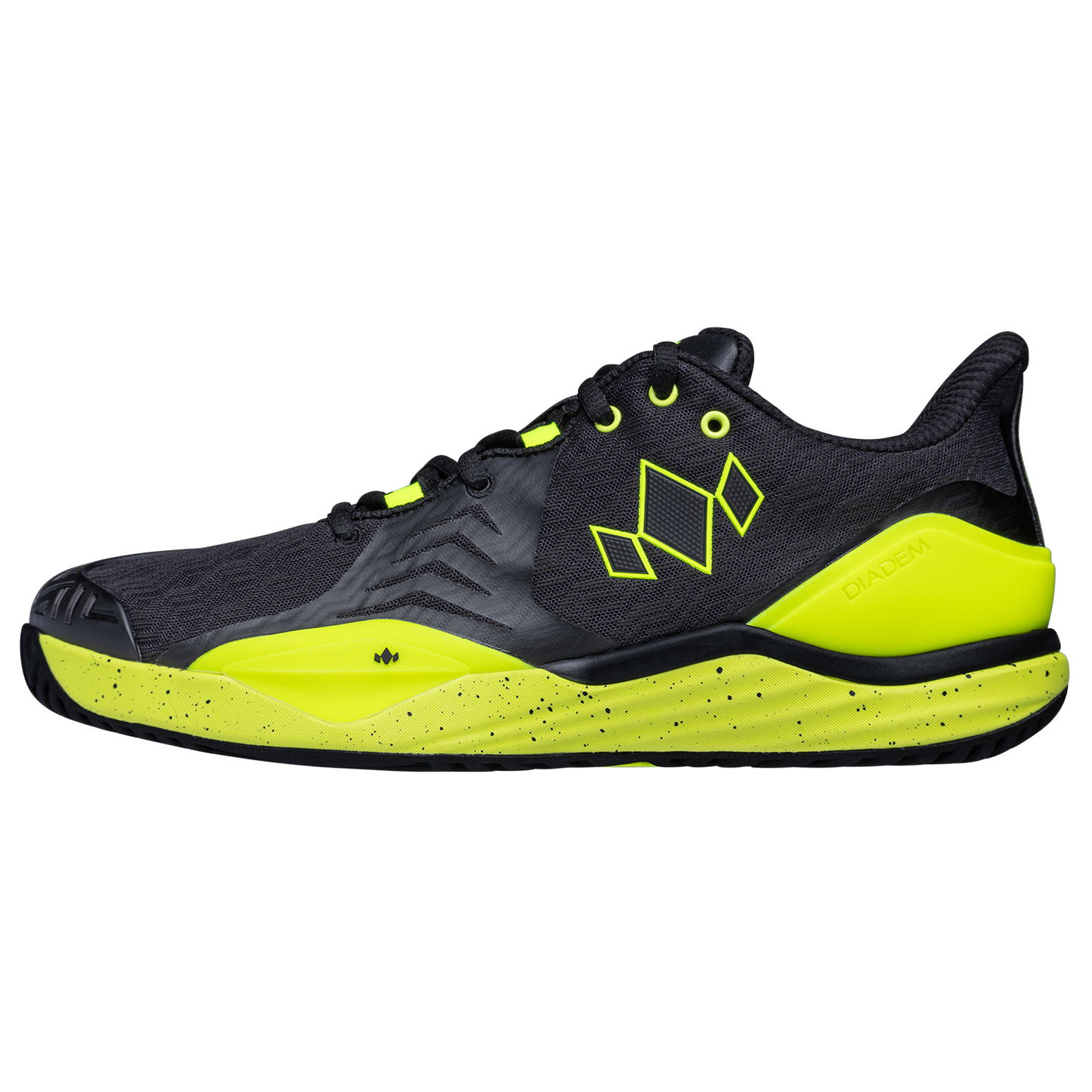 The Diadem Court Burst by Diadem Sports is a black and neon yellow tennis court shoe featuring a geometric logo, black laces, speckled yellow midsole, supportive performance knit upper, textured sole, and bold branding.