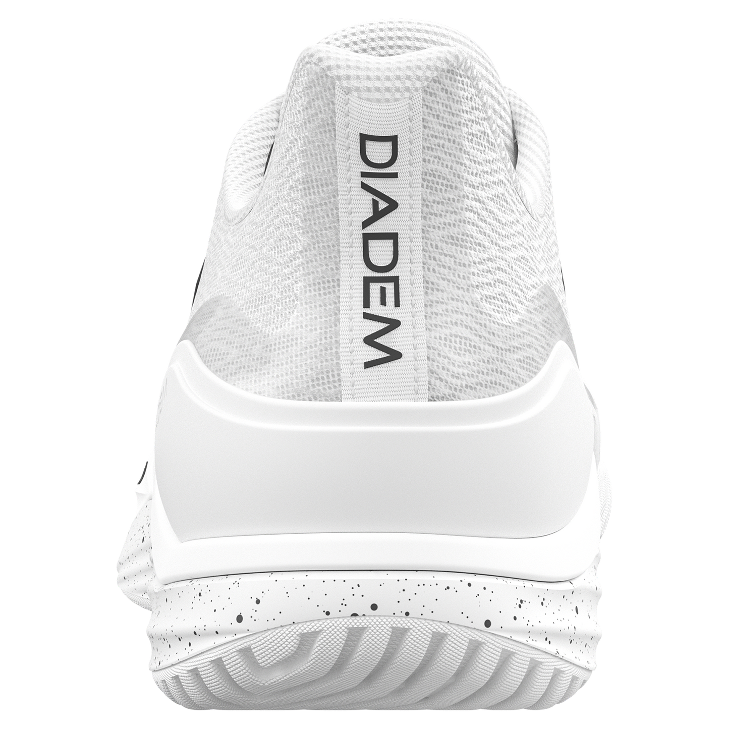 A close-up rear view of the Diadem Sports Diadem Court Burst shows "DIADEM" printed vertically on the heel tab. Designed for pickleball, it has a textured mesh upper, sturdy heel counter, and a white sole with black speckles and tread.