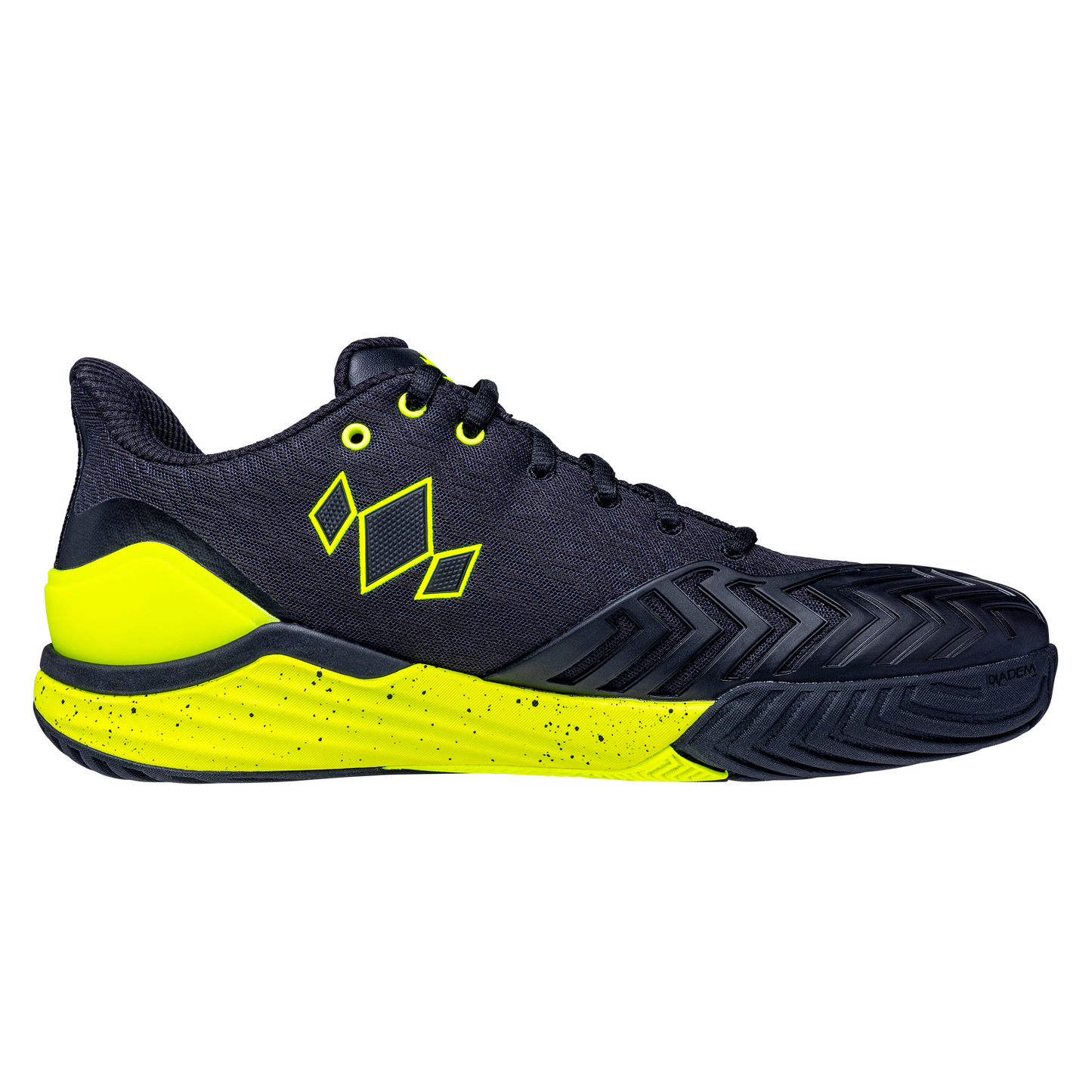 The Diadem Sports Diadem Court Burst is a black athletic sneaker with bright yellow accents, a speckled yellow design, geometric side pattern, performance knit upper, and textured grip sole for top-tier pickleball performance.