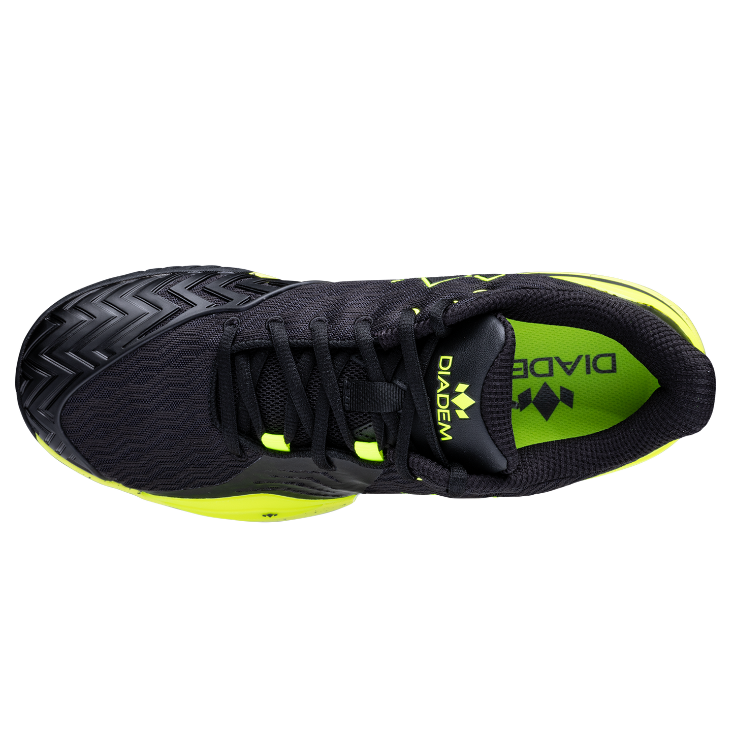 Top view of the Diadem Court Burst by Diadem Sports: a black tennis court shoe with neon yellow accents, performance knit upper, black laces, textured toe, and unique tread. "DIADEM" marks the heel, tongue logo, and insole.