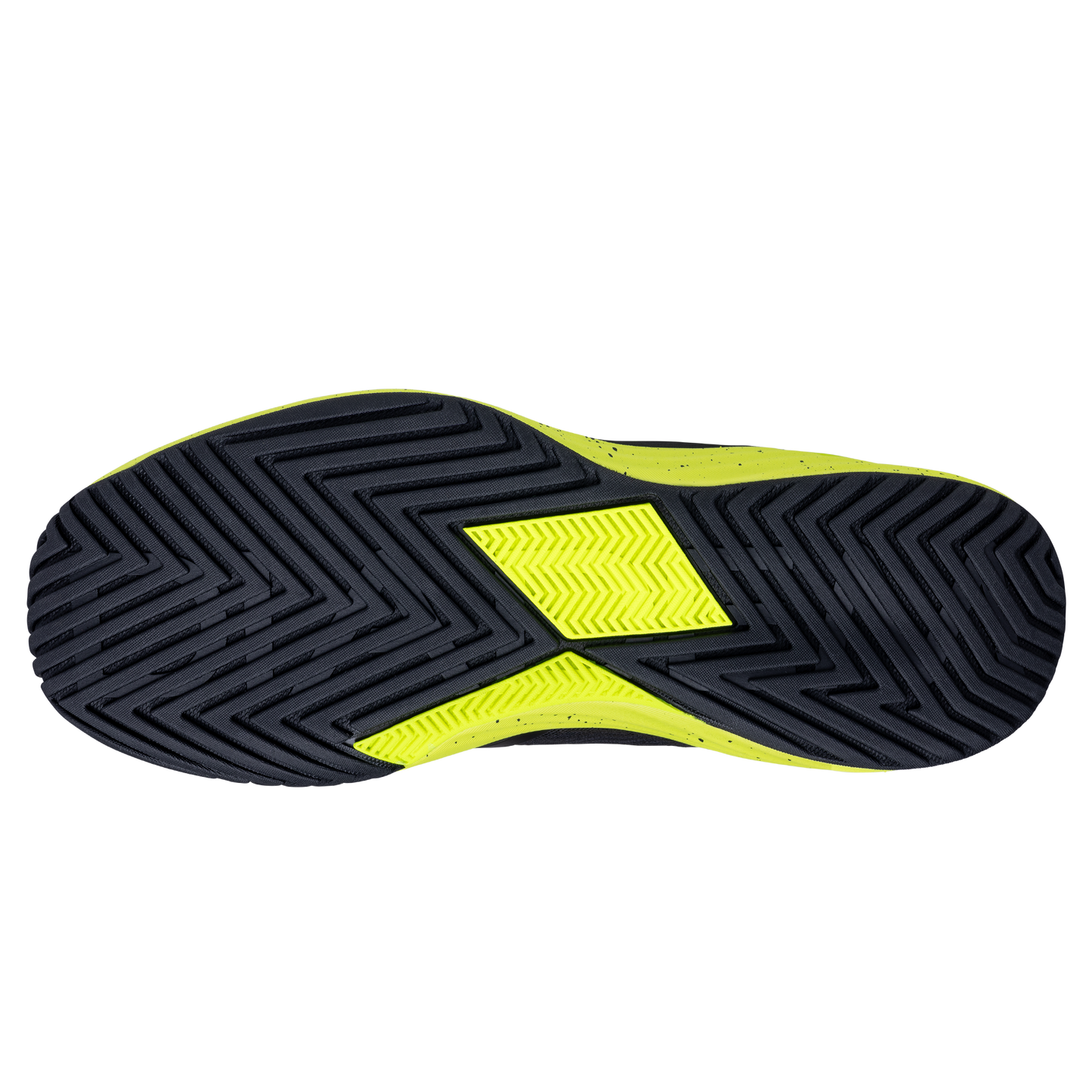 The image shows the sole of the Diadem Court Burst tennis shoe by Diadem Sports, featuring a black zigzag herringbone tread pattern with a yellow accent at the center. The bold design and textured grip ensure excellent traction on court. Background is white.