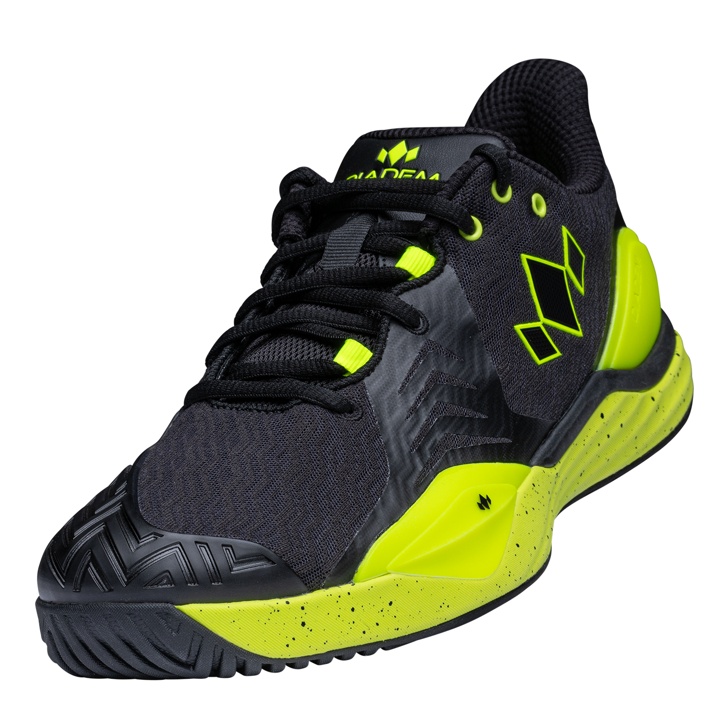 The Diadem Court Burst by Diadem Sports is a black athletic sneaker with neon yellow accents, speckled detailing, a textured sole, black laces, mesh fabric, and geometric logos. Neon highlights on the heel and midsole add standout style.