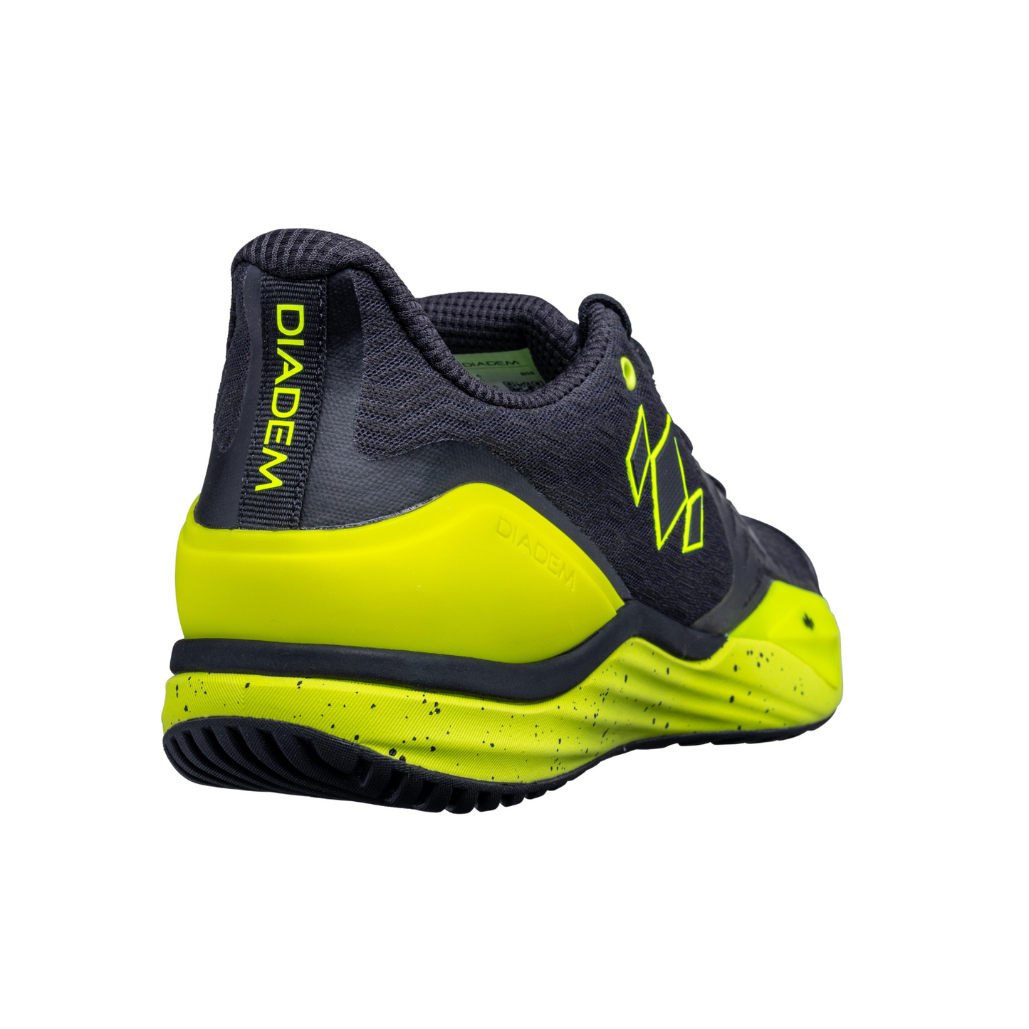 The Diadem Court Burst by Diadem Sports is a dark gray tennis shoe with a performance knit upper, bright yellow sole and heel accents, “DIADEM” in yellow on the heel, angular graphic designs, and a speckled midsole, shown on a white background.